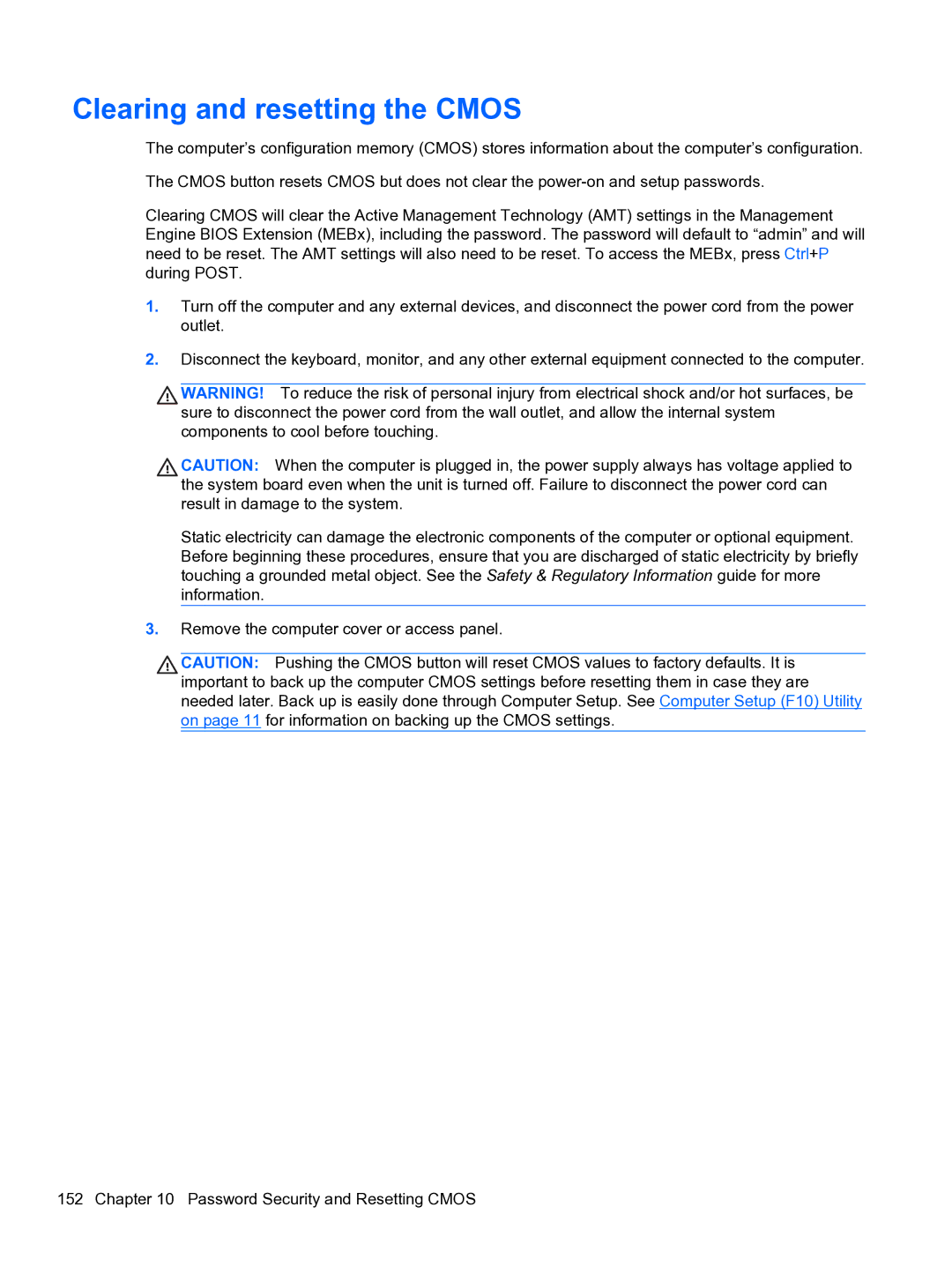 HP 8300E B8U11UT#ABA manual Clearing and resetting the Cmos 