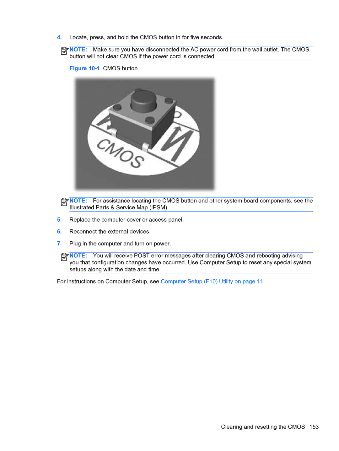 HP 8300E B8U11UT#ABA manual Locate, press, and hold the Cmos button in for five seconds 