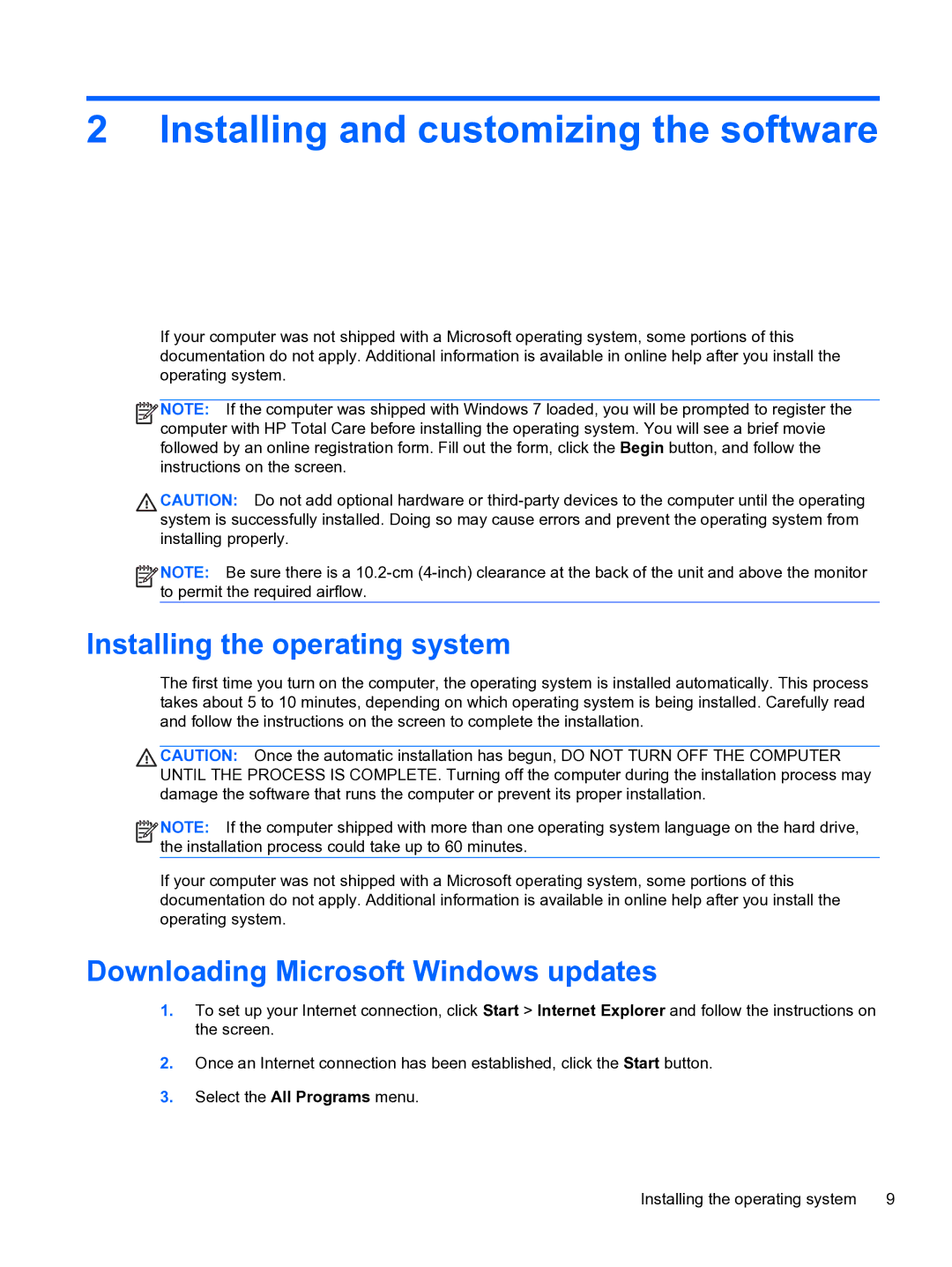 HP 8300E B8U11UT#ABA manual Installing and customizing the software, Installing the operating system 