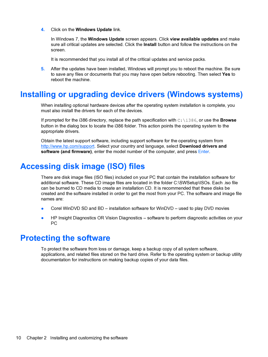 HP 8300E B8U11UT#ABA manual Installing or upgrading device drivers Windows systems, Accessing disk image ISO files 