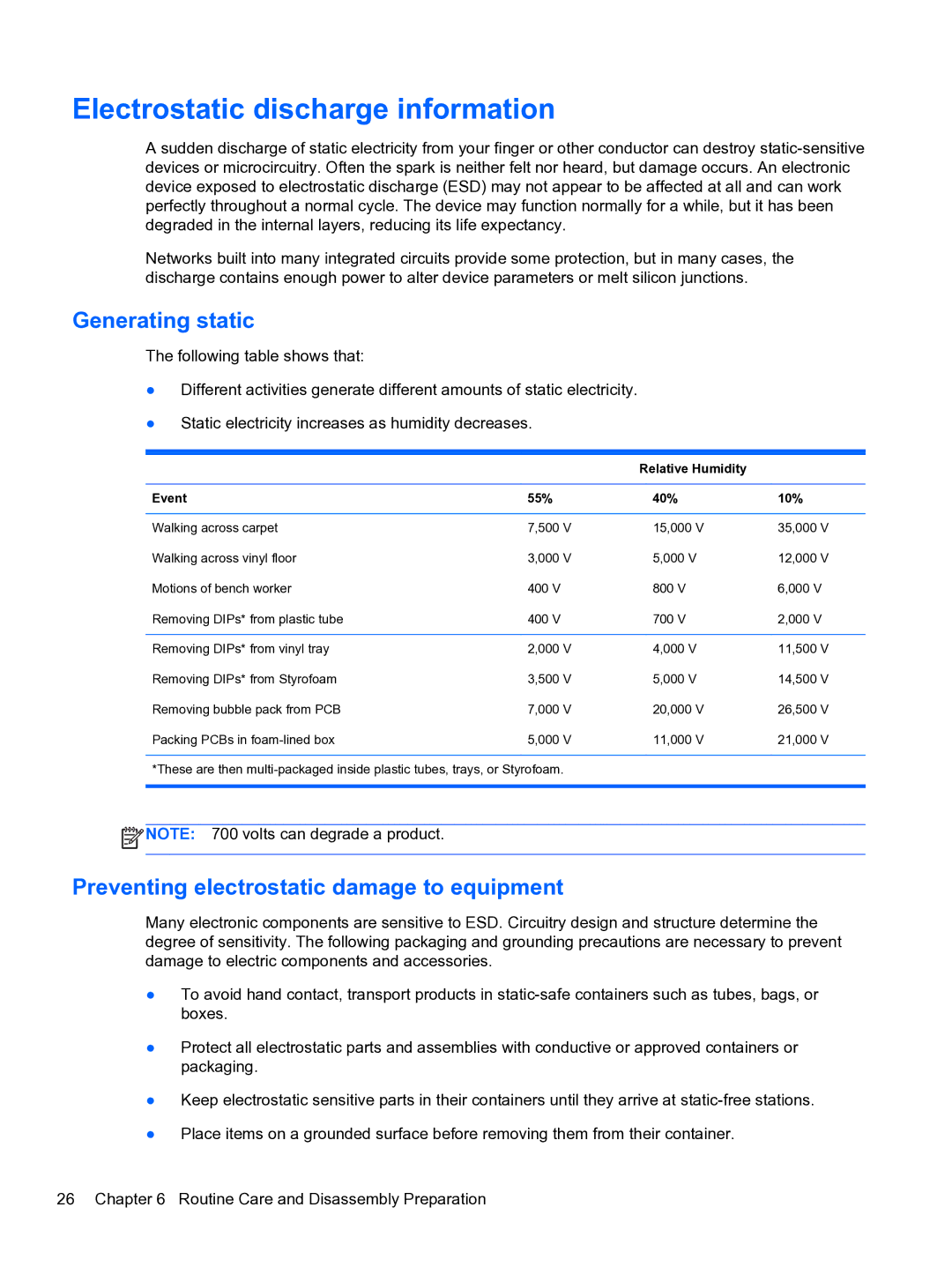 HP 8300E B8U11UT#ABA Electrostatic discharge information, Generating static, Preventing electrostatic damage to equipment 