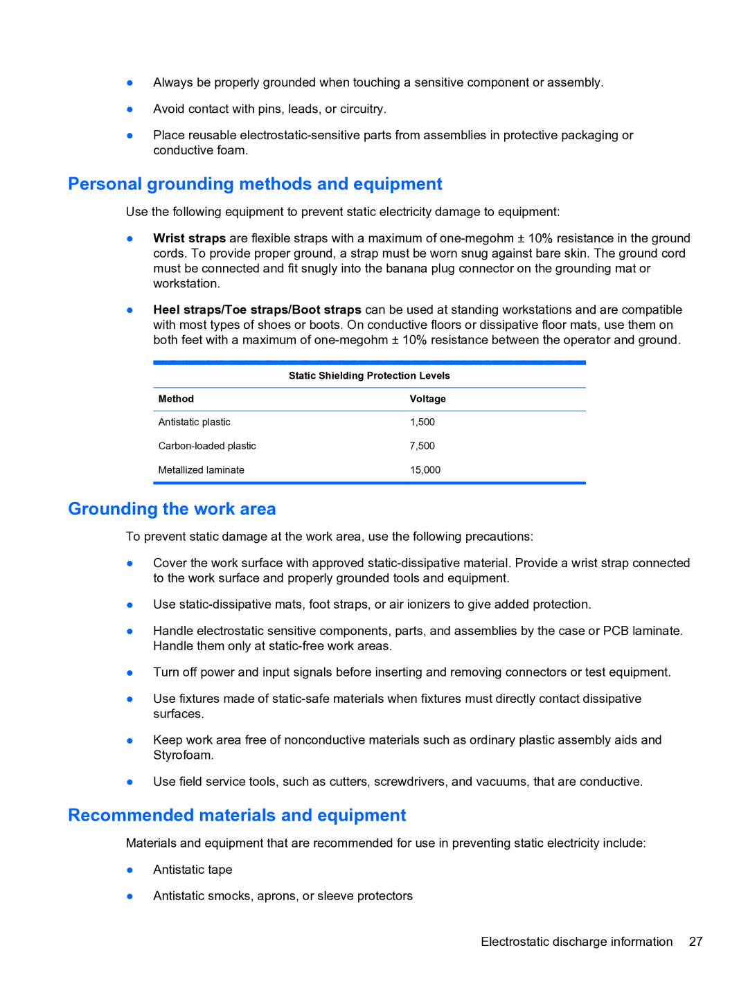 HP 8300E B8U11UT#ABA Personal grounding methods and equipment, Grounding the work area, Static Shielding Protection Levels 