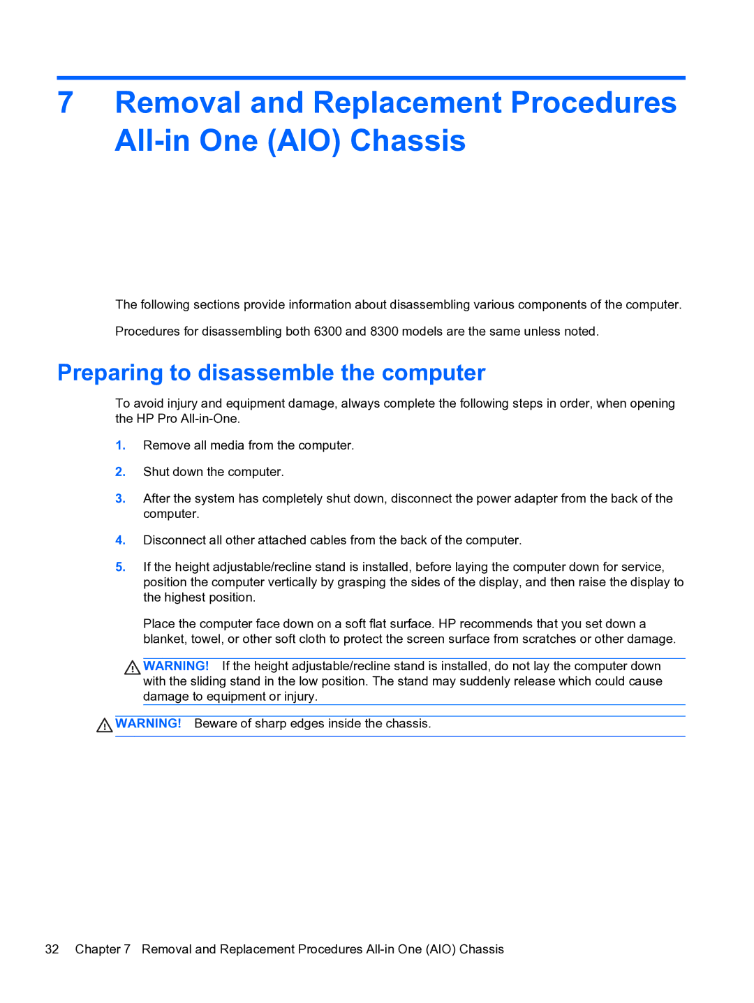 HP 8300E B8U11UT#ABA Removal and Replacement Procedures All-in One AIO Chassis, Preparing to disassemble the computer 