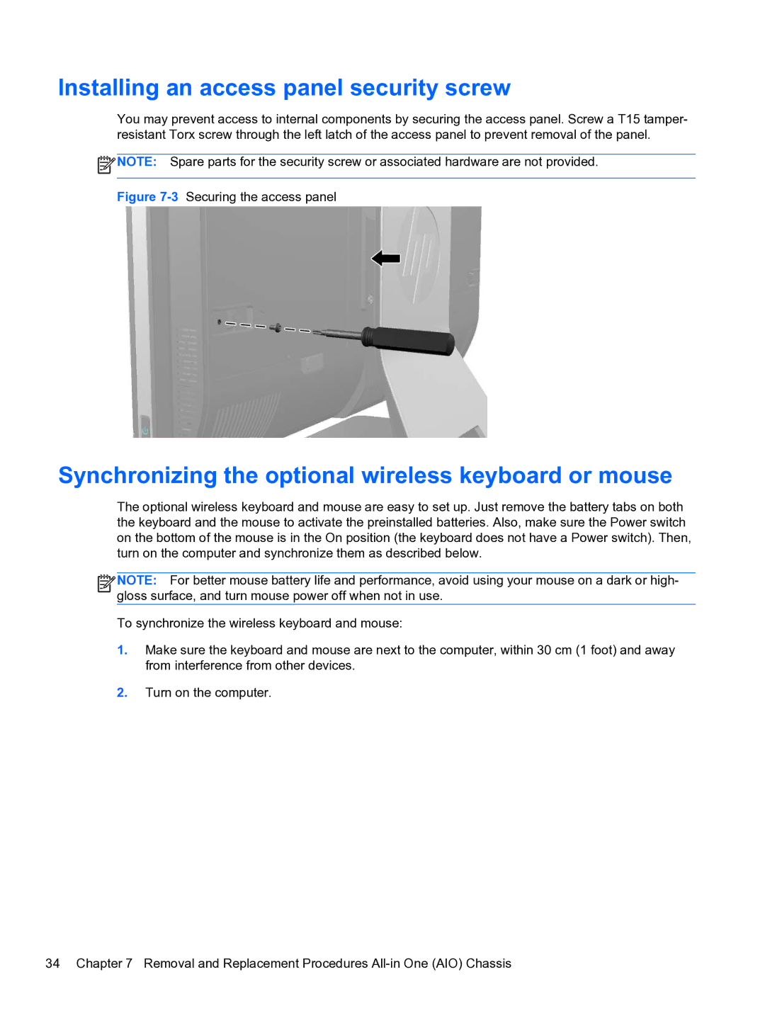 HP 8300E B8U11UT#ABA Installing an access panel security screw, Synchronizing the optional wireless keyboard or mouse 