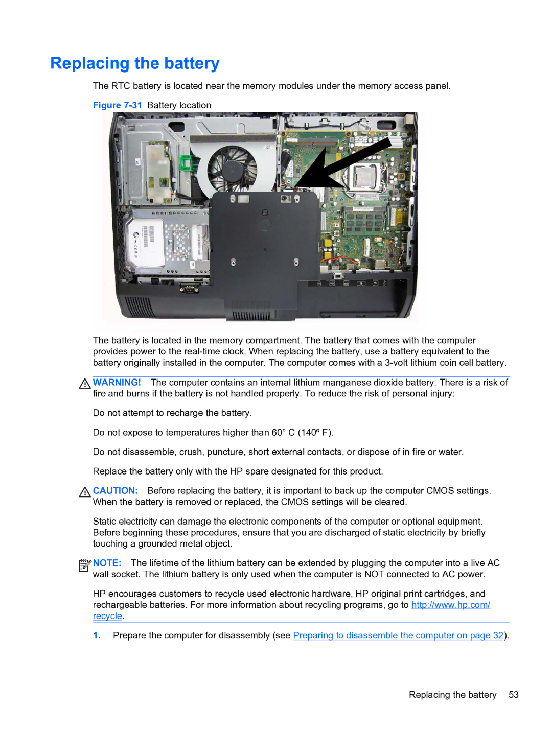 HP 8300E B8U11UT#ABA manual Replacing the battery 