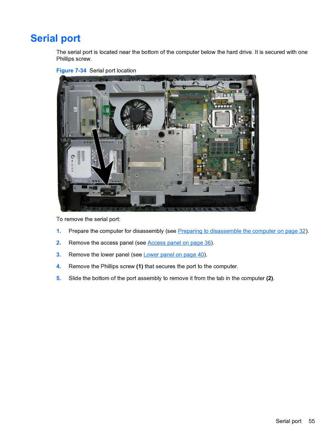 HP 8300E B8U11UT#ABA manual 34Serial port location To remove the serial port 