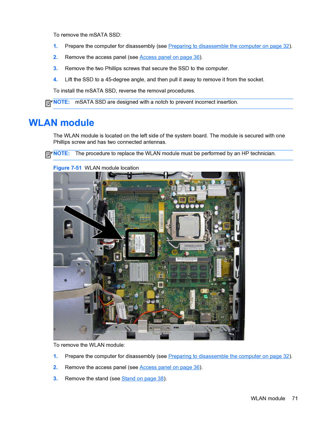 HP 8300E B8U11UT#ABA manual Wlan module, To remove the mSATA SSD 