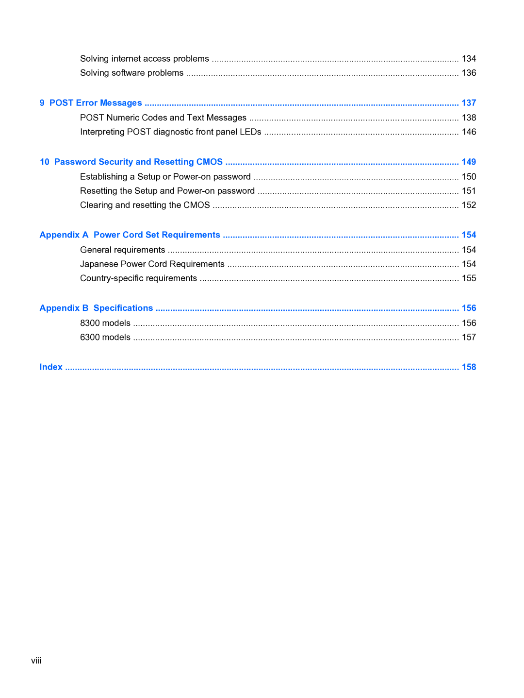 HP 8300E B8U11UT#ABA manual Models 156 157, Viii 