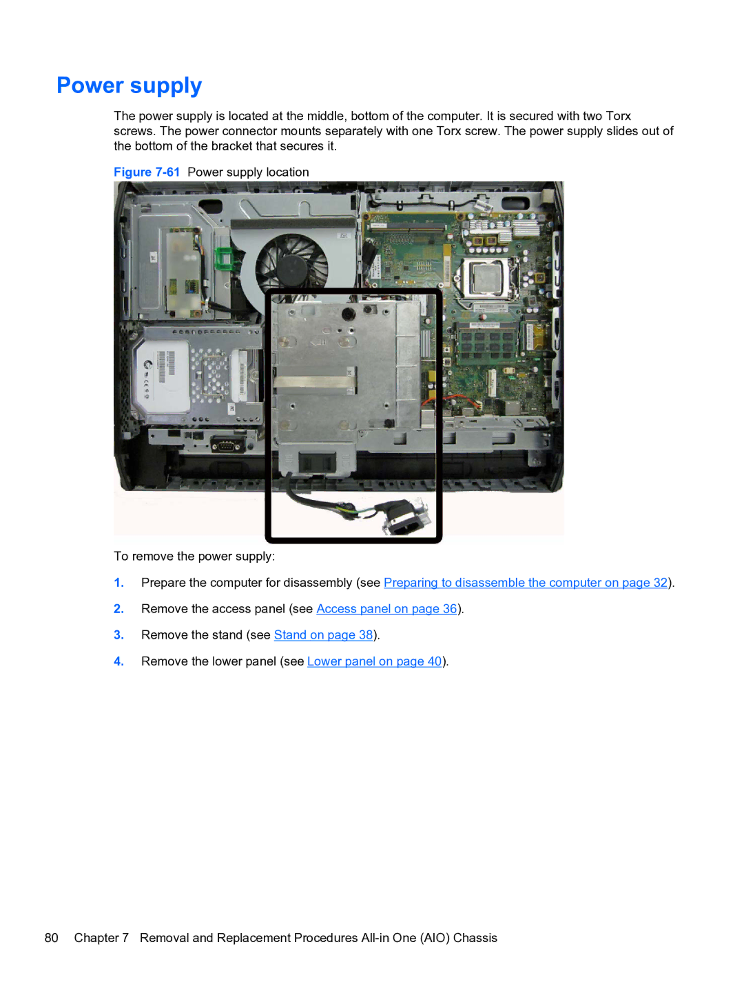 HP 8300E B8U11UT#ABA manual 61Power supply location To remove the power supply 