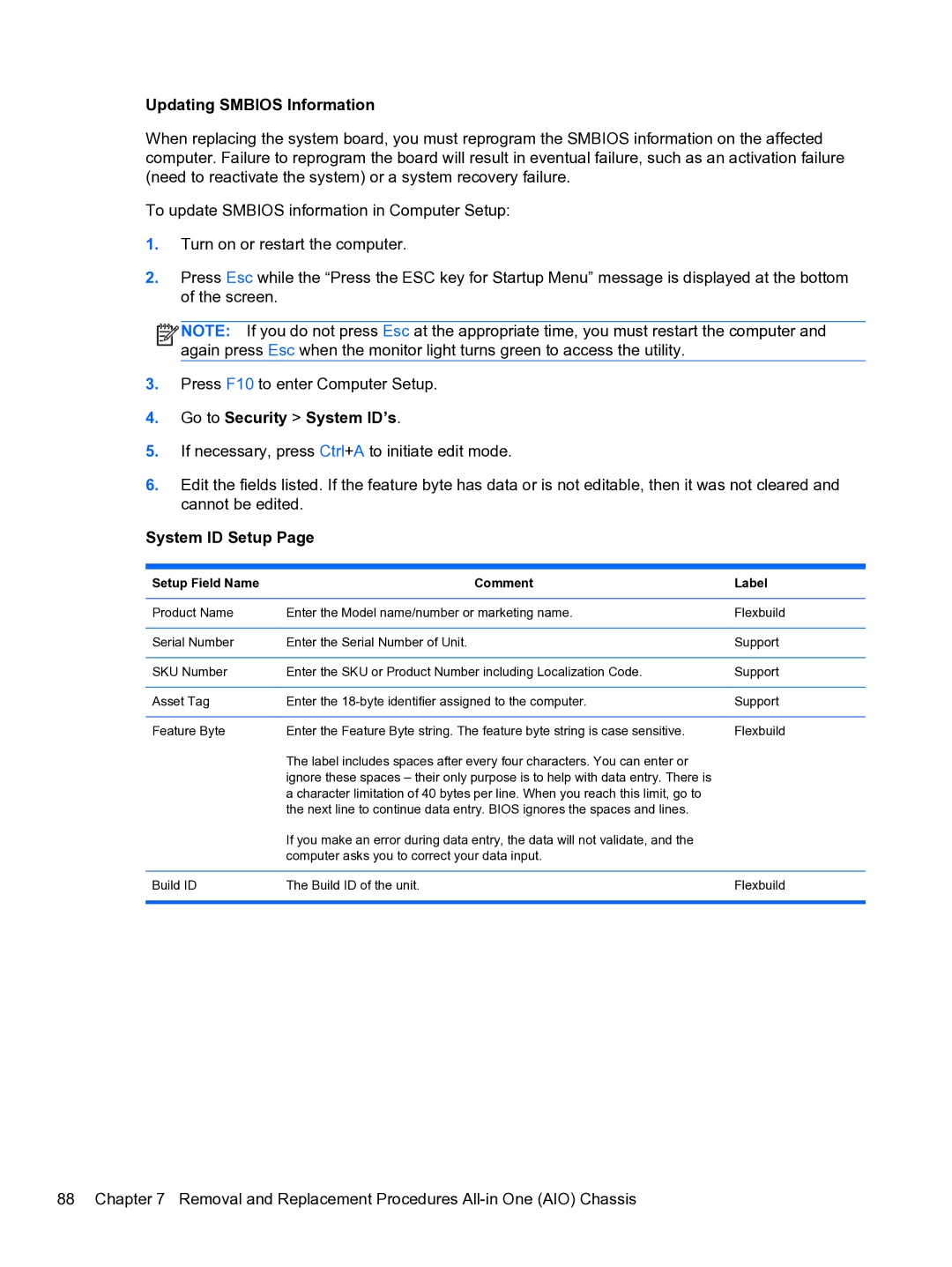 HP 8300E B8U11UT#ABA manual Updating Smbios Information, Setup Field Name Comment Label 