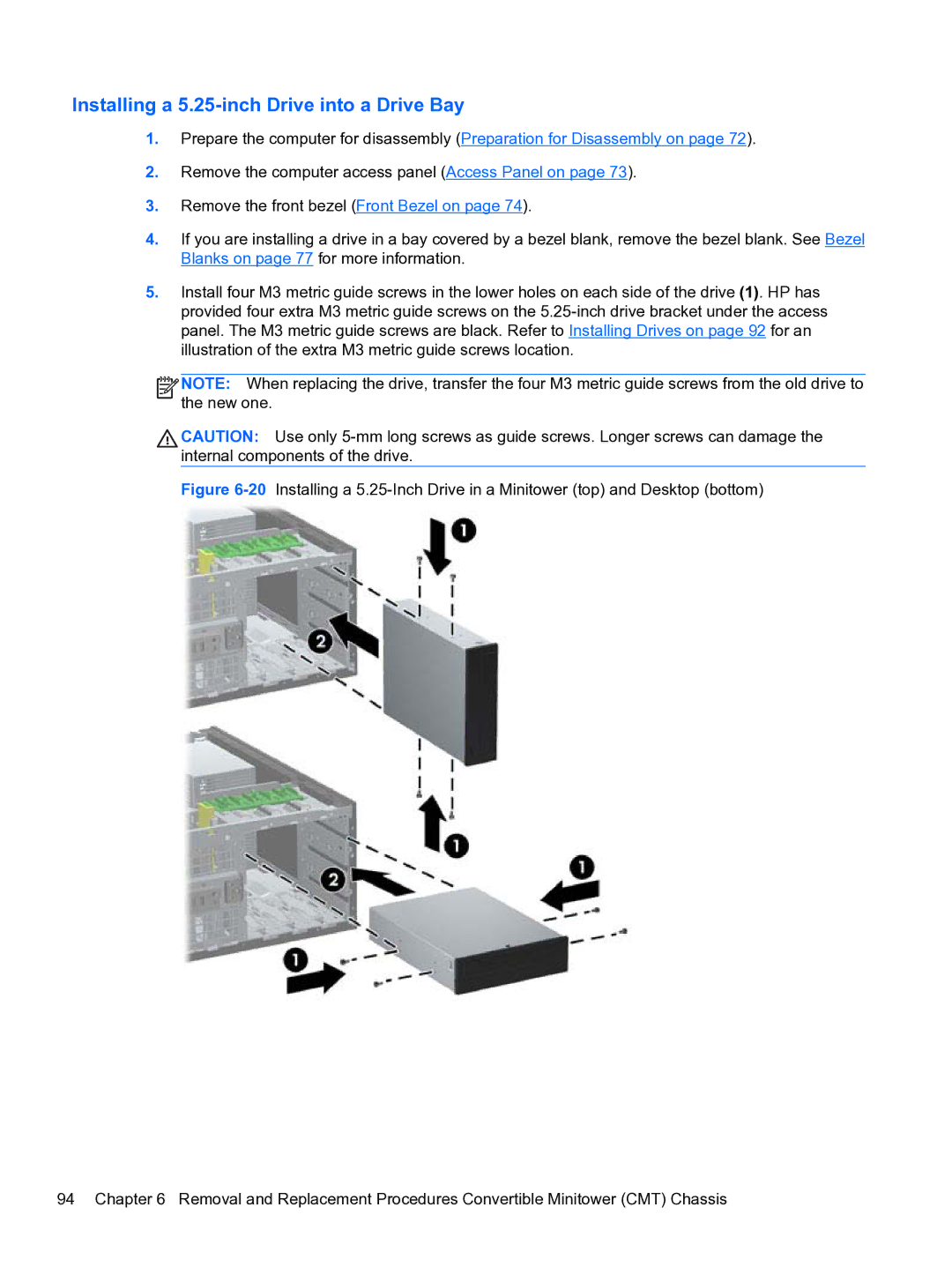 HP 8300e D8C26UTABA manual Installing a 5.25-inch Drive into a Drive Bay 