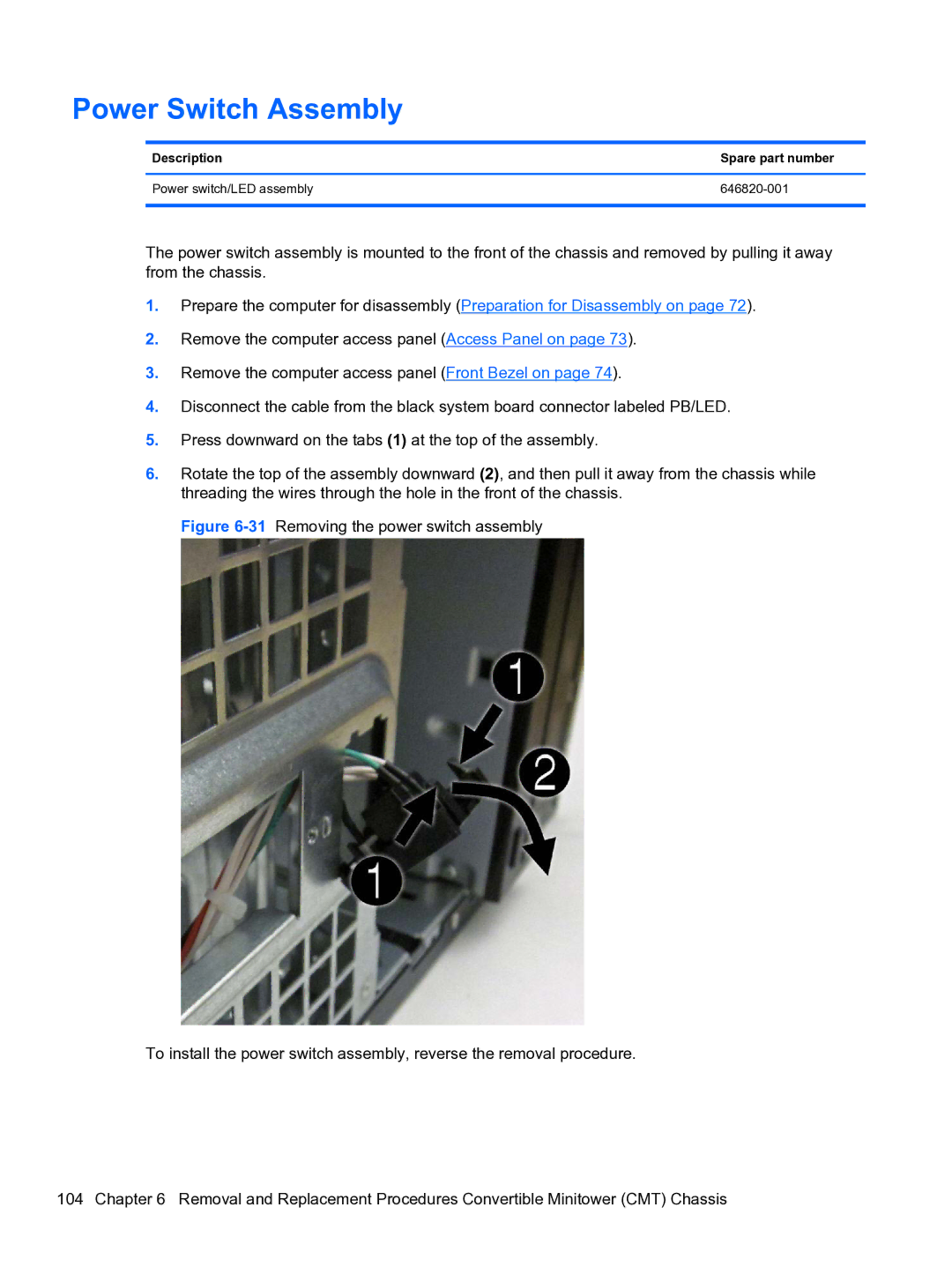 HP 8300e D8C26UTABA manual Power Switch Assembly 