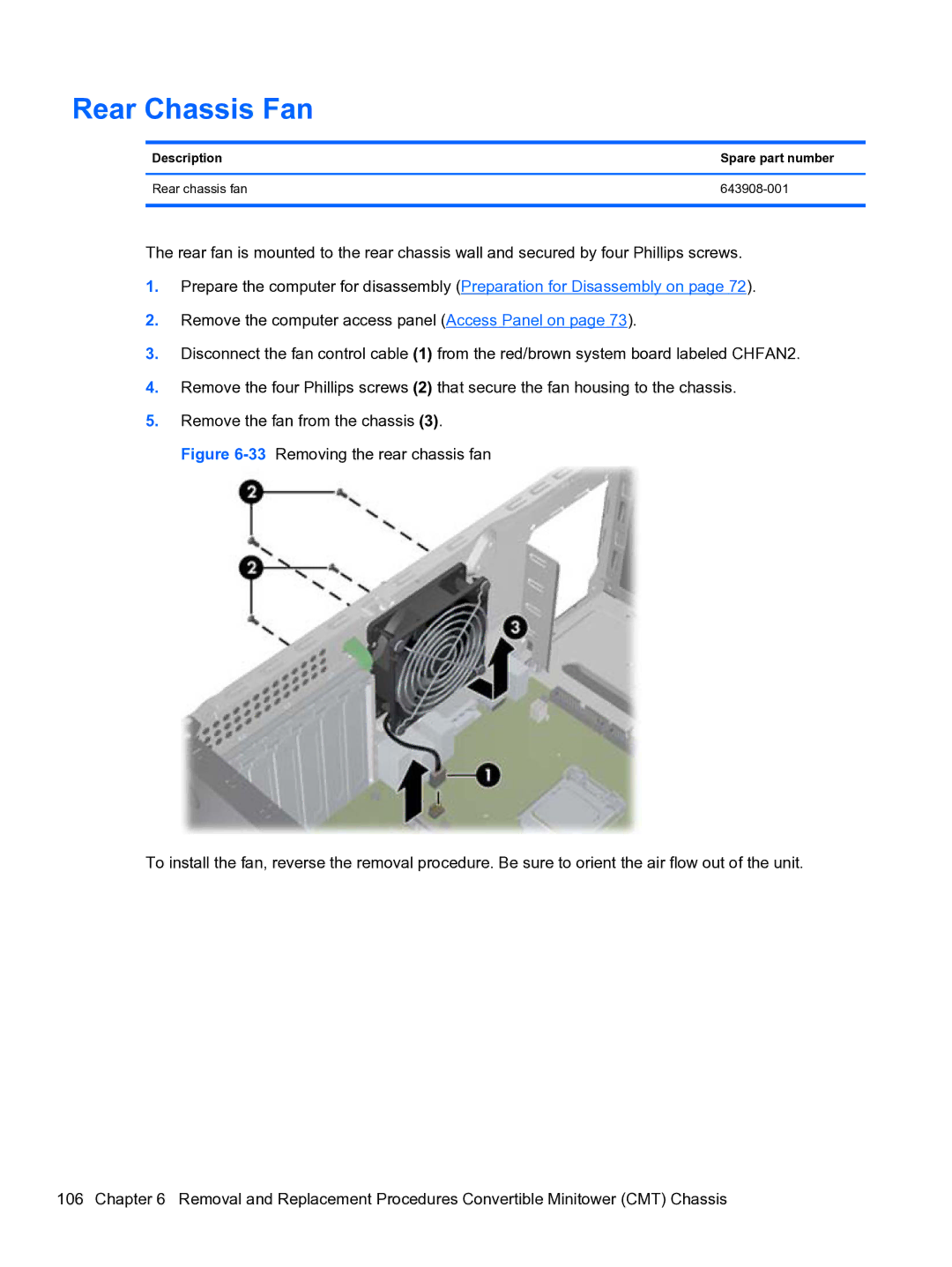 HP 8300e D8C26UTABA manual Rear Chassis Fan, Description Spare part number Rear chassis fan 643908-001 