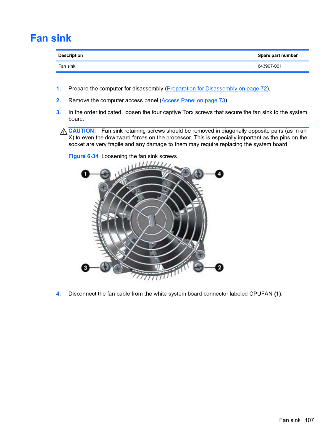 HP 8300e D8C26UTABA manual Description Spare part number Fan sink 643907-001 