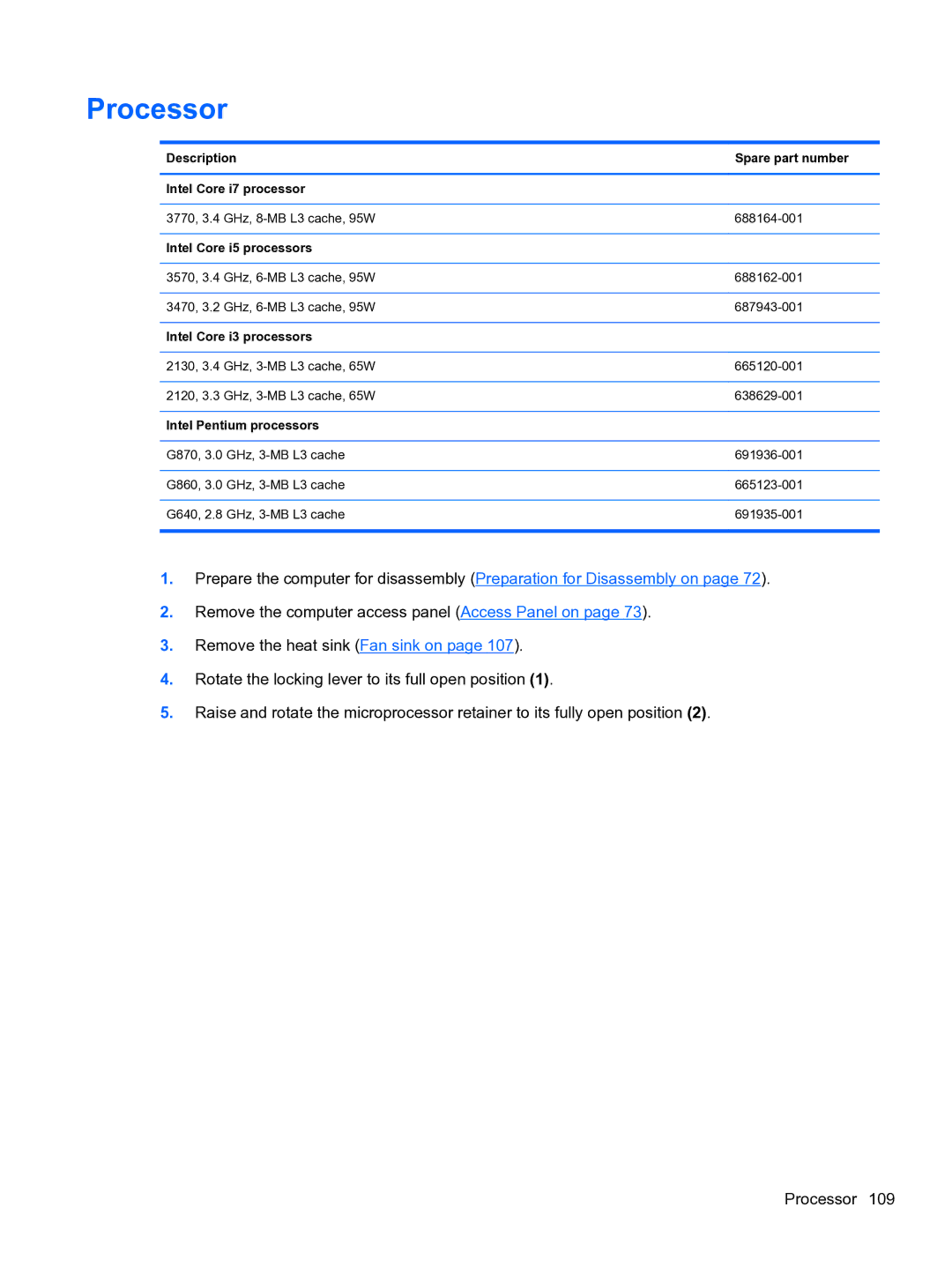 HP 8300e D8C26UTABA manual Processor, Description Spare part number Intel Core i7 processor, Intel Core i5 processors 