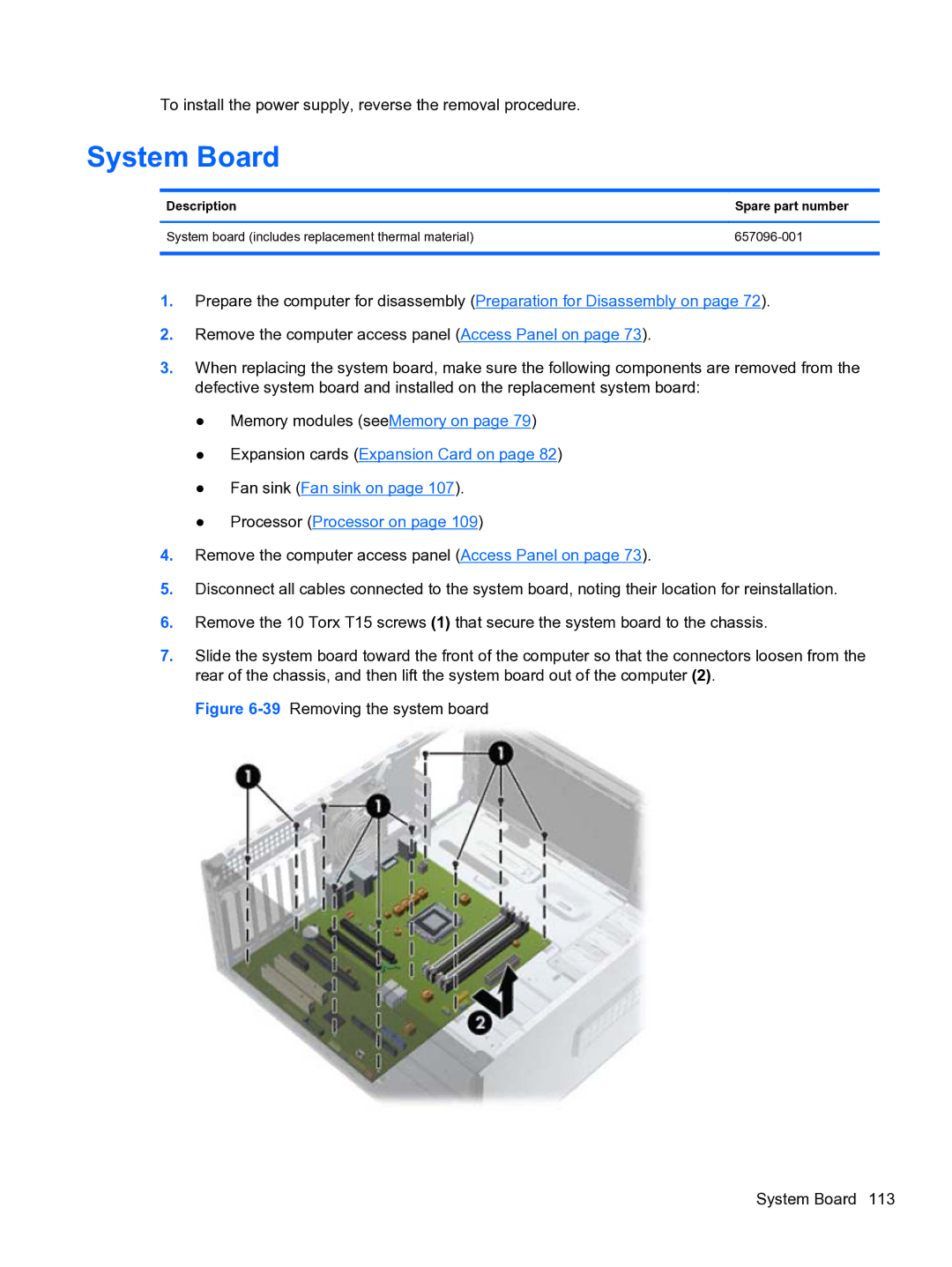 HP 8300e D8C26UTABA manual 39Removing the system board System Board 