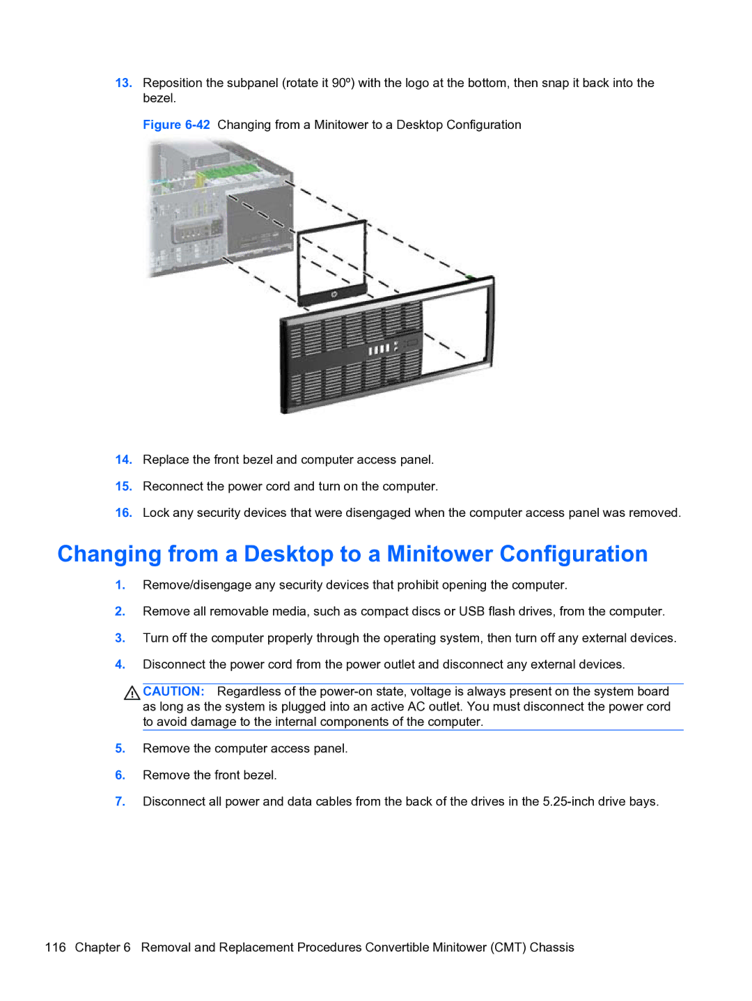 HP 8300e D8C26UTABA manual Changing from a Desktop to a Minitower Configuration 