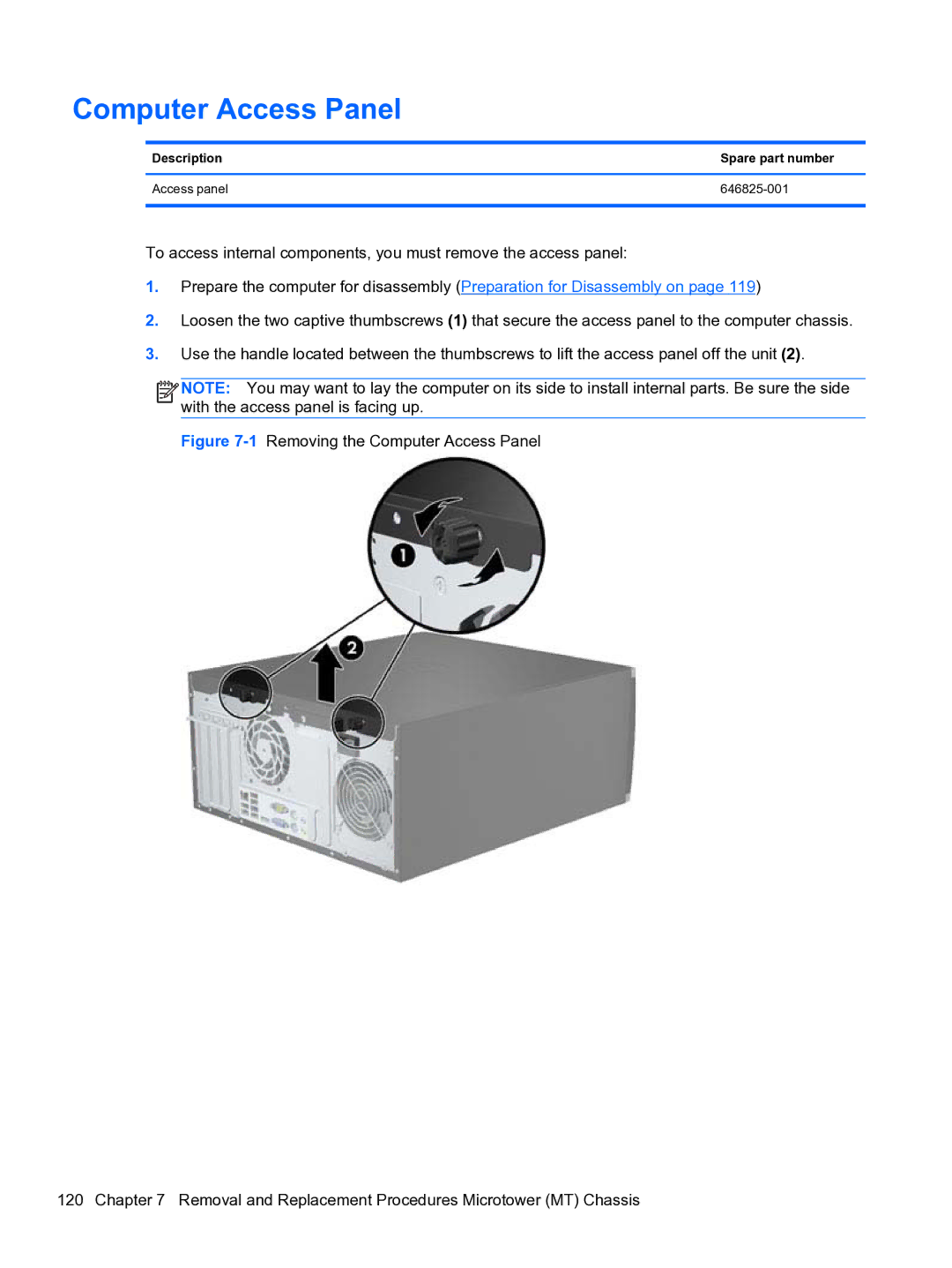 HP 8300e D8C26UTABA manual Computer Access Panel, Description Spare part number Access panel 646825-001 