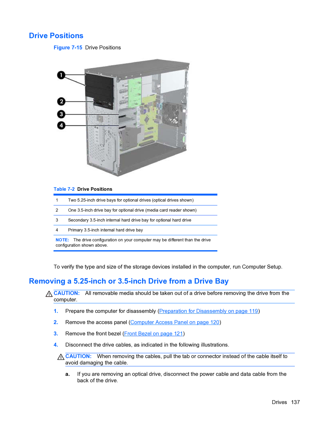 HP 8300e D8C26UTABA manual Removing a 5.25-inch or 3.5-inch Drive from a Drive Bay, 15Drive Positions 