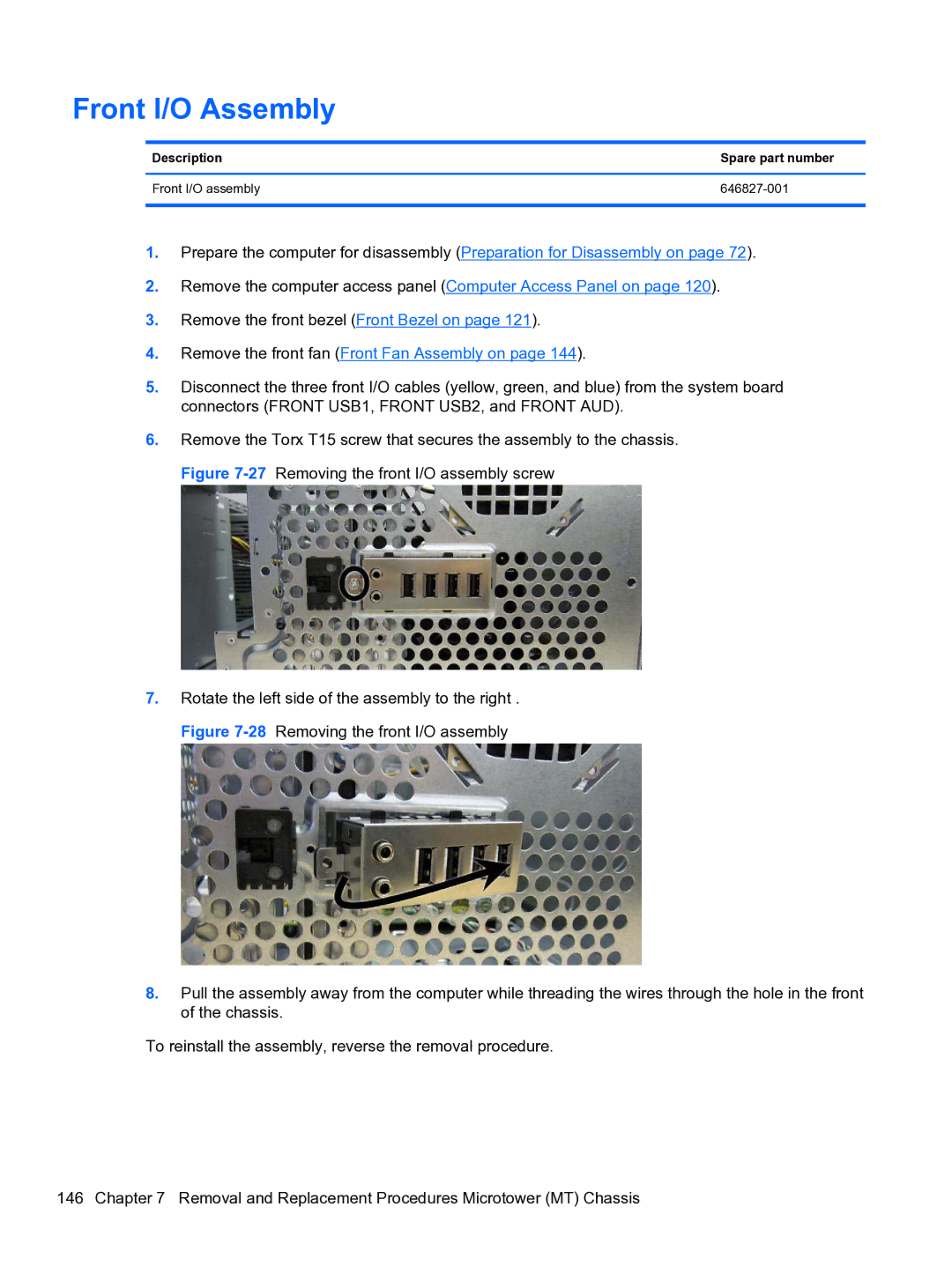 HP 8300e D8C26UTABA manual Front I/O Assembly, Description Spare part number Front I/O assembly 646827-001 