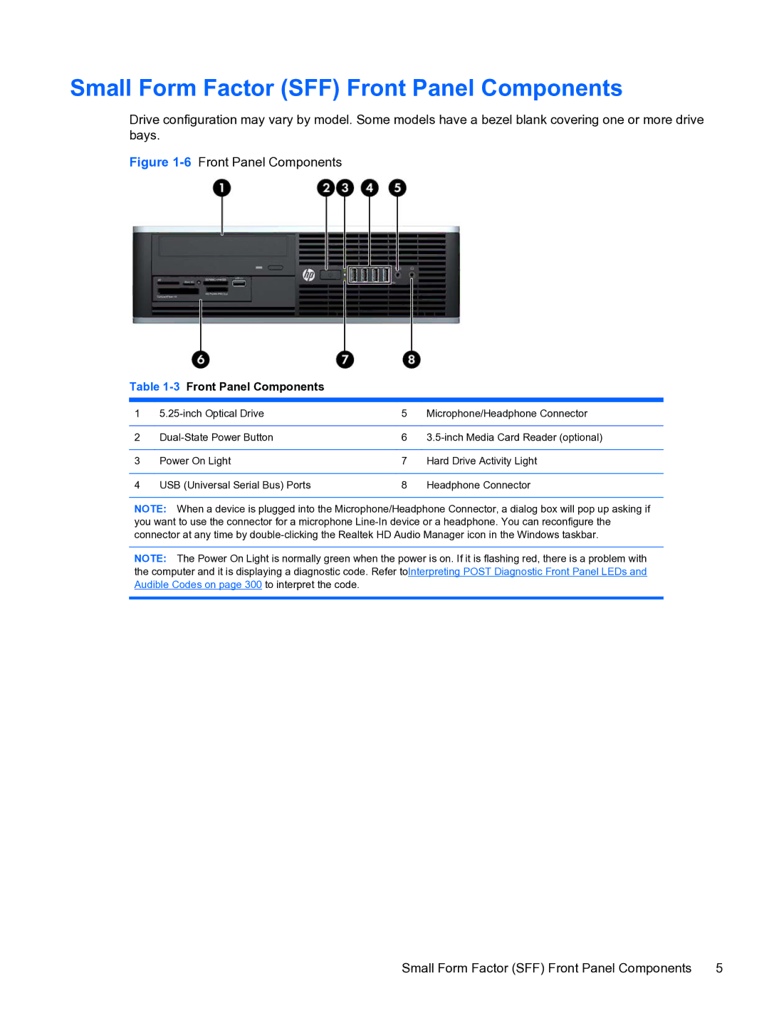 HP 8300e D8C26UTABA manual Small Form Factor SFF Front Panel Components, 3Front Panel Components 