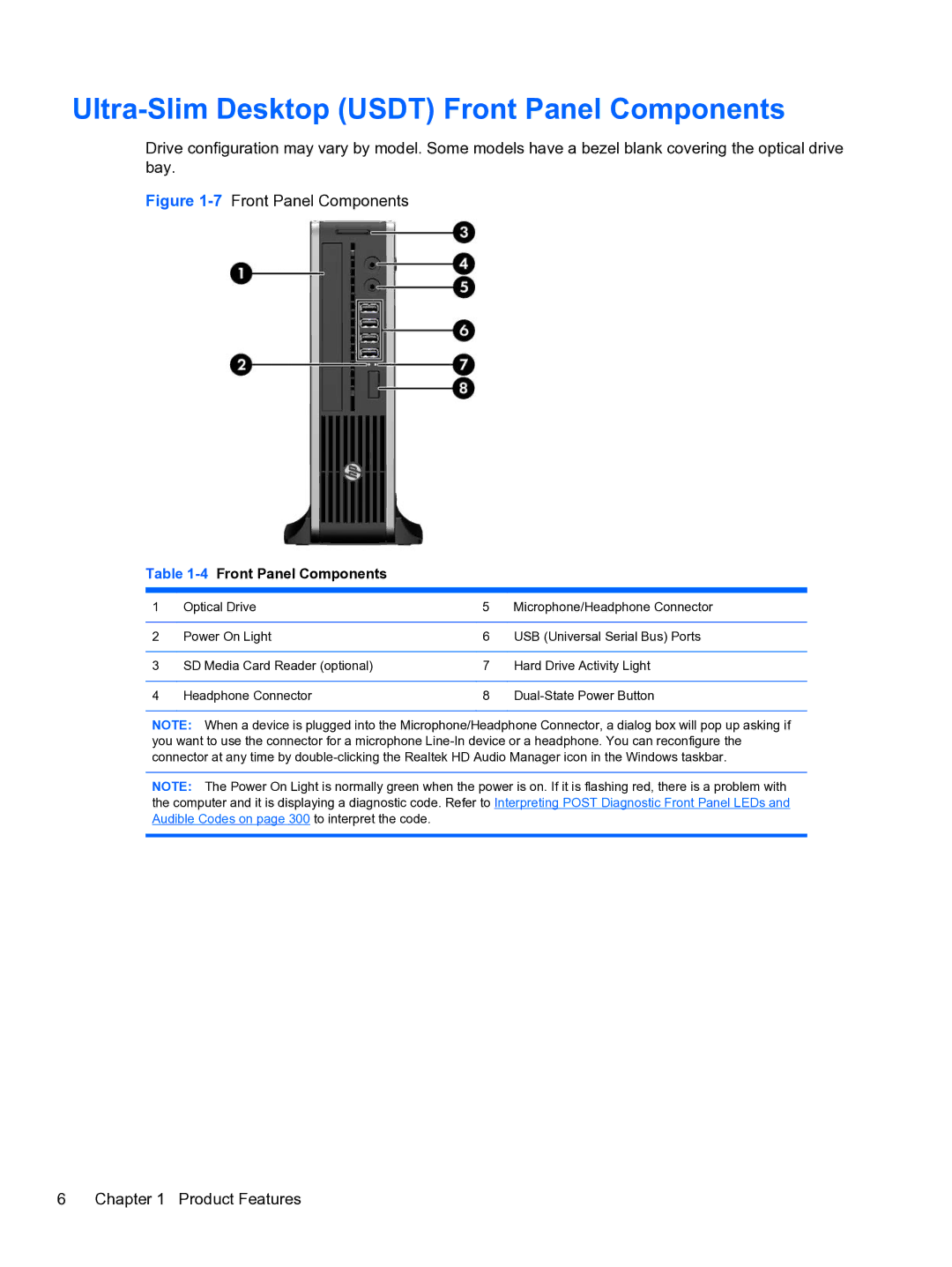 HP 8300e D8C26UTABA manual Ultra-Slim Desktop Usdt Front Panel Components, 4Front Panel Components 