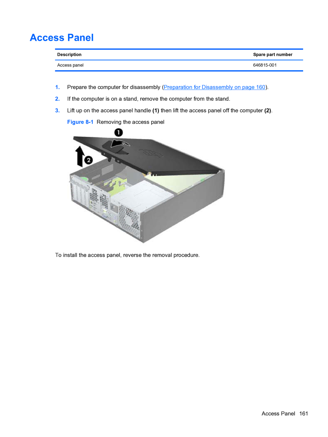 HP 8300e D8C26UTABA manual Access Panel, Description Spare part number Access panel 646815-001 