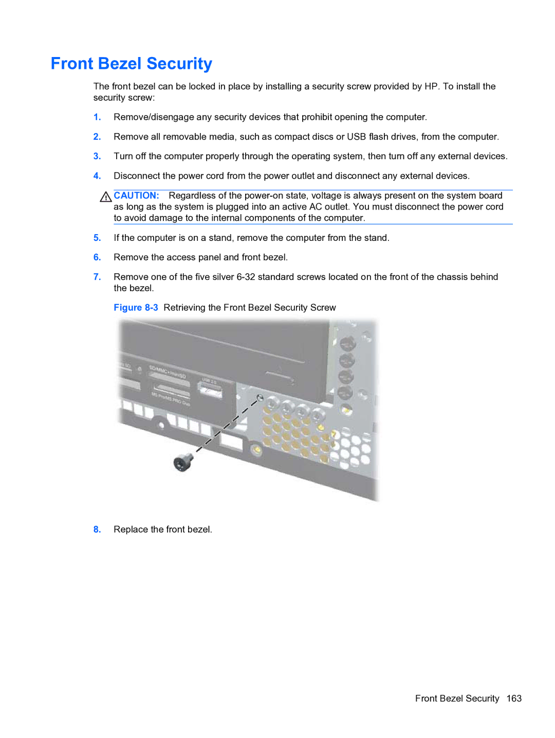 HP 8300e D8C26UTABA manual Front Bezel Security 