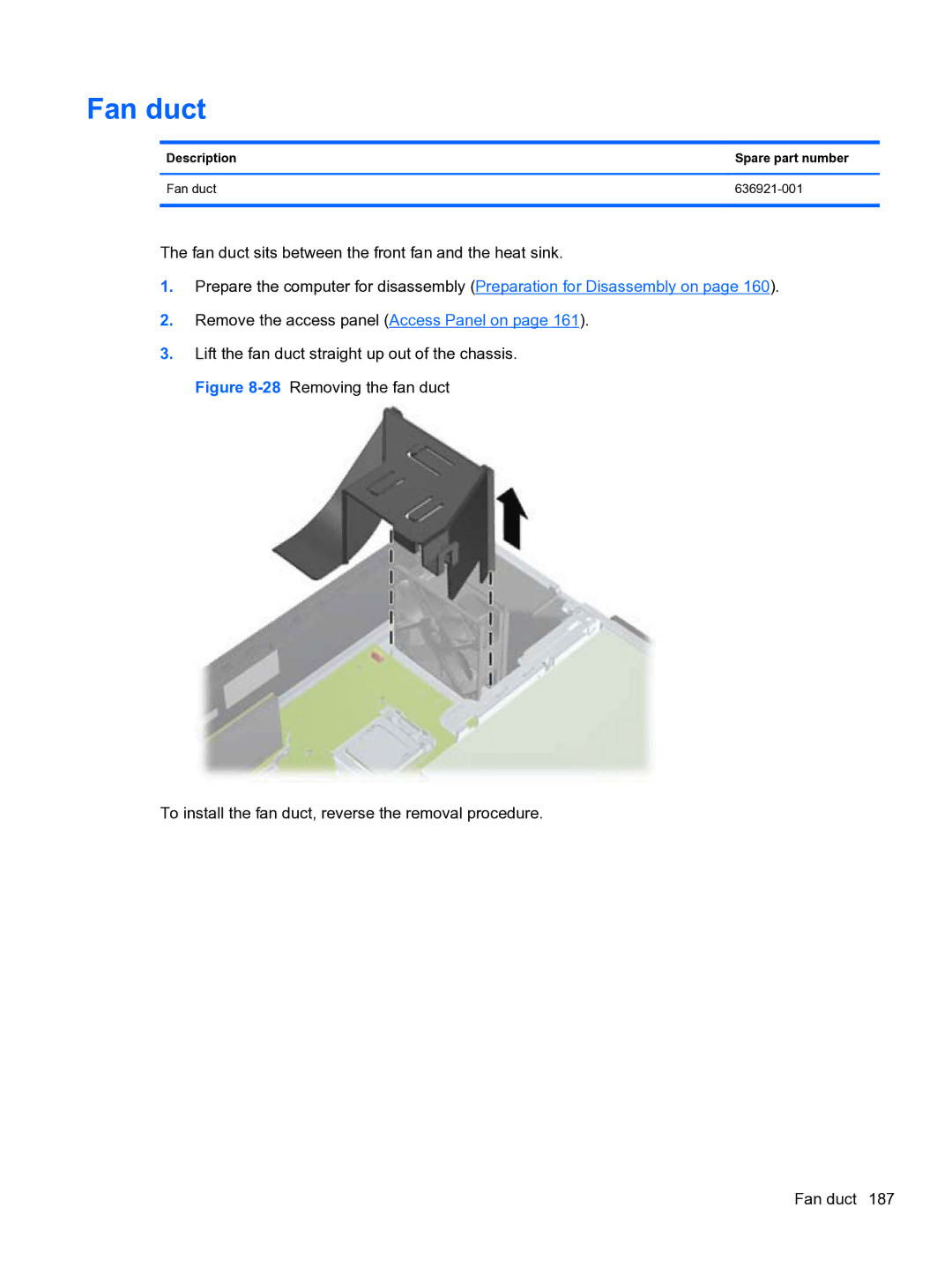 HP 8300e D8C26UTABA manual Description Spare part number Fan duct 636921-001 