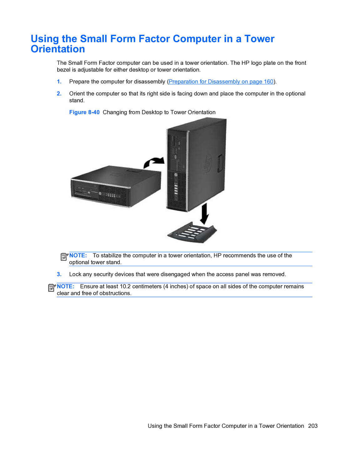 HP 8300e D8C26UTABA manual Using the Small Form Factor Computer in a Tower Orientation 