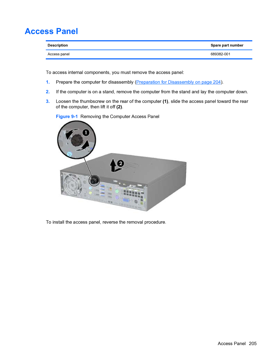 HP 8300e D8C26UTABA manual Access Panel, Description Spare part number Access panel 689382-001 