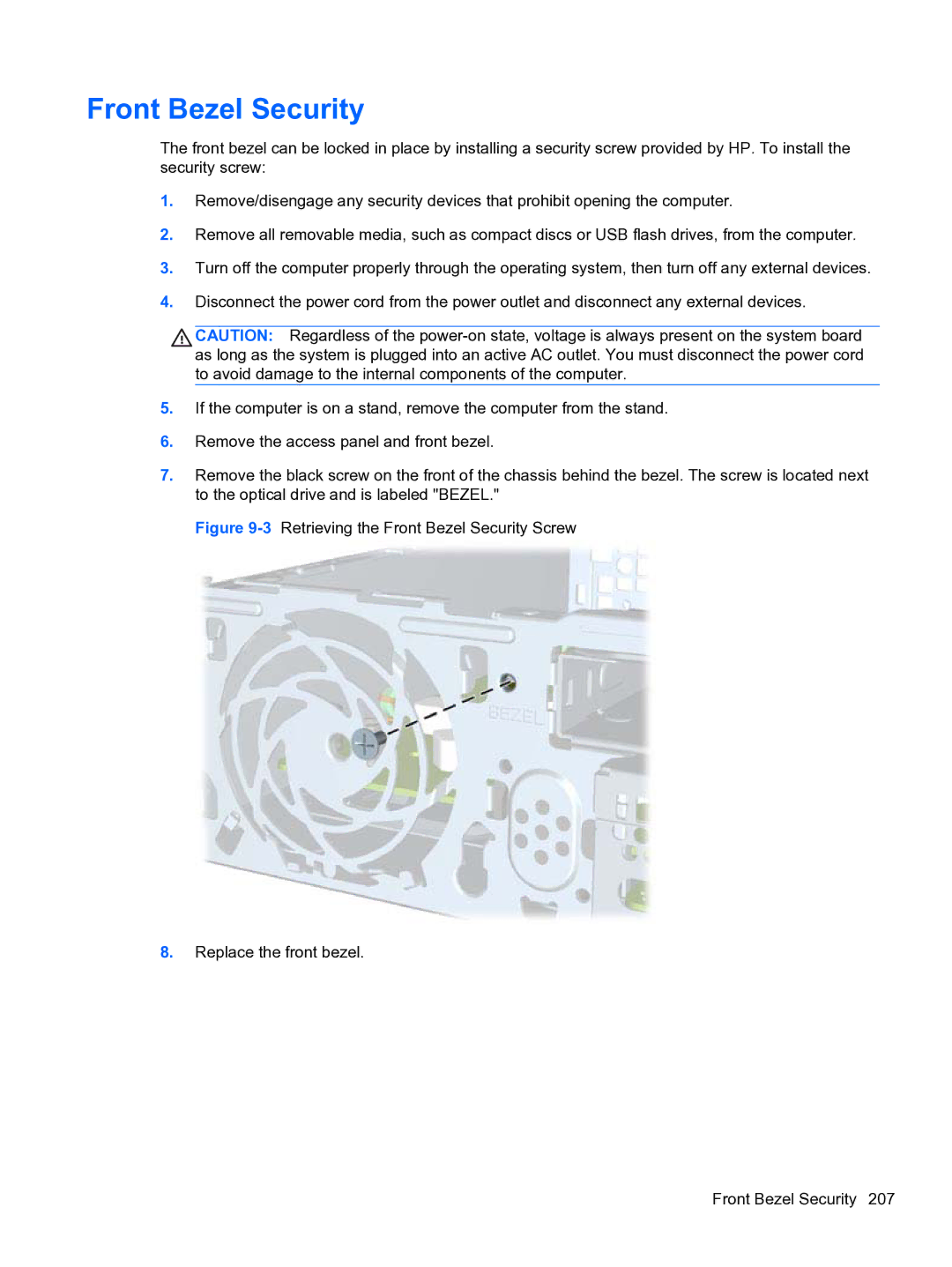 HP 8300e D8C26UTABA manual Front Bezel Security 