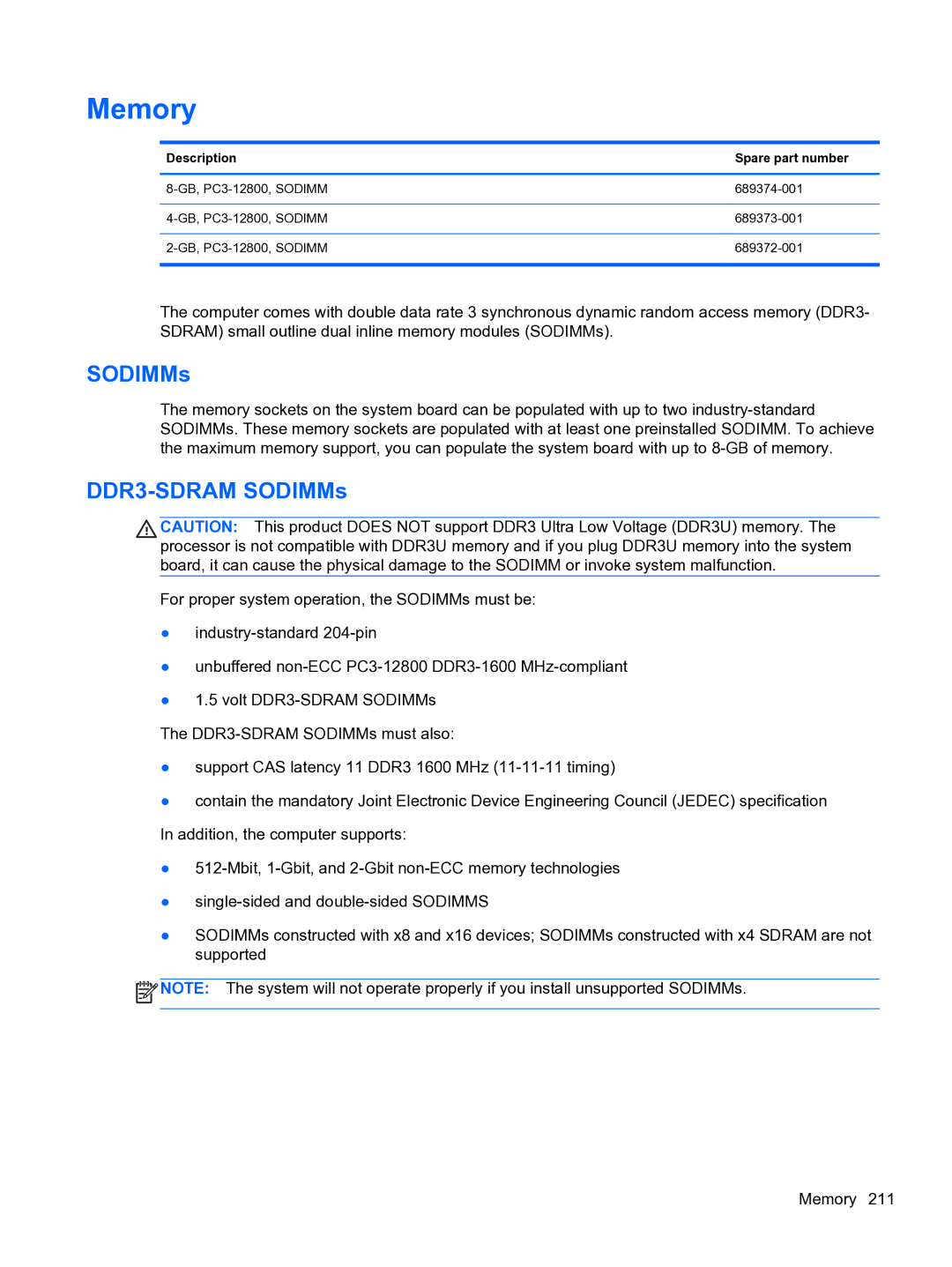 HP 8300e D8C26UTABA manual DDR3-SDRAM SODIMMs 