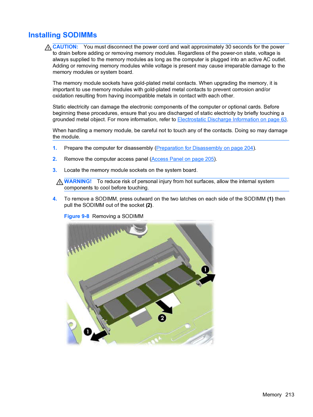 HP 8300e D8C26UTABA manual Installing SODIMMs, 8Removing a Sodimm Memory 