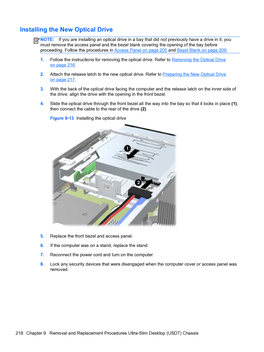 HP 8300e D8C26UTABA manual Installing the New Optical Drive 