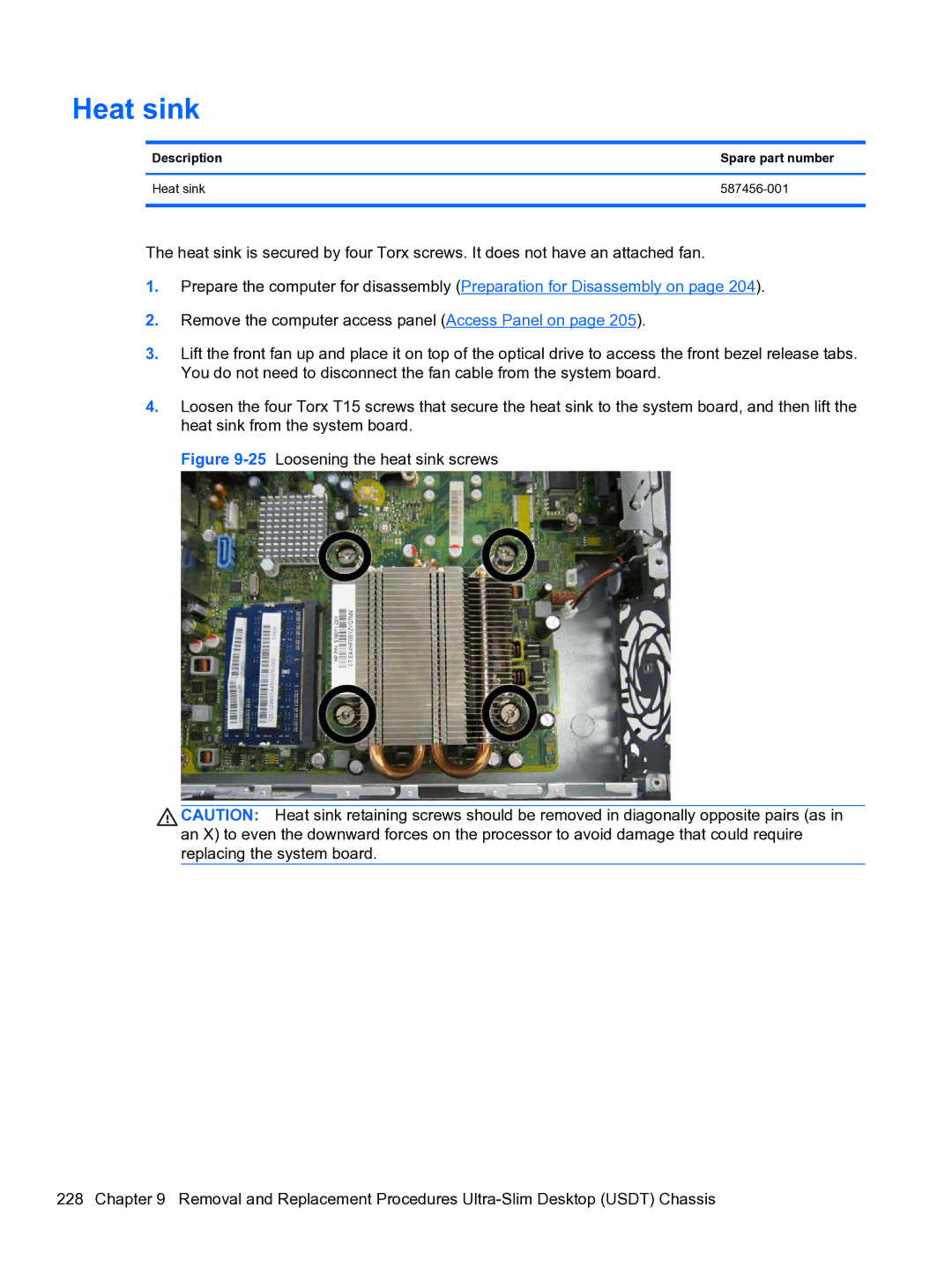 HP 8300e D8C26UTABA manual Description Spare part number Heat sink 587456-001 