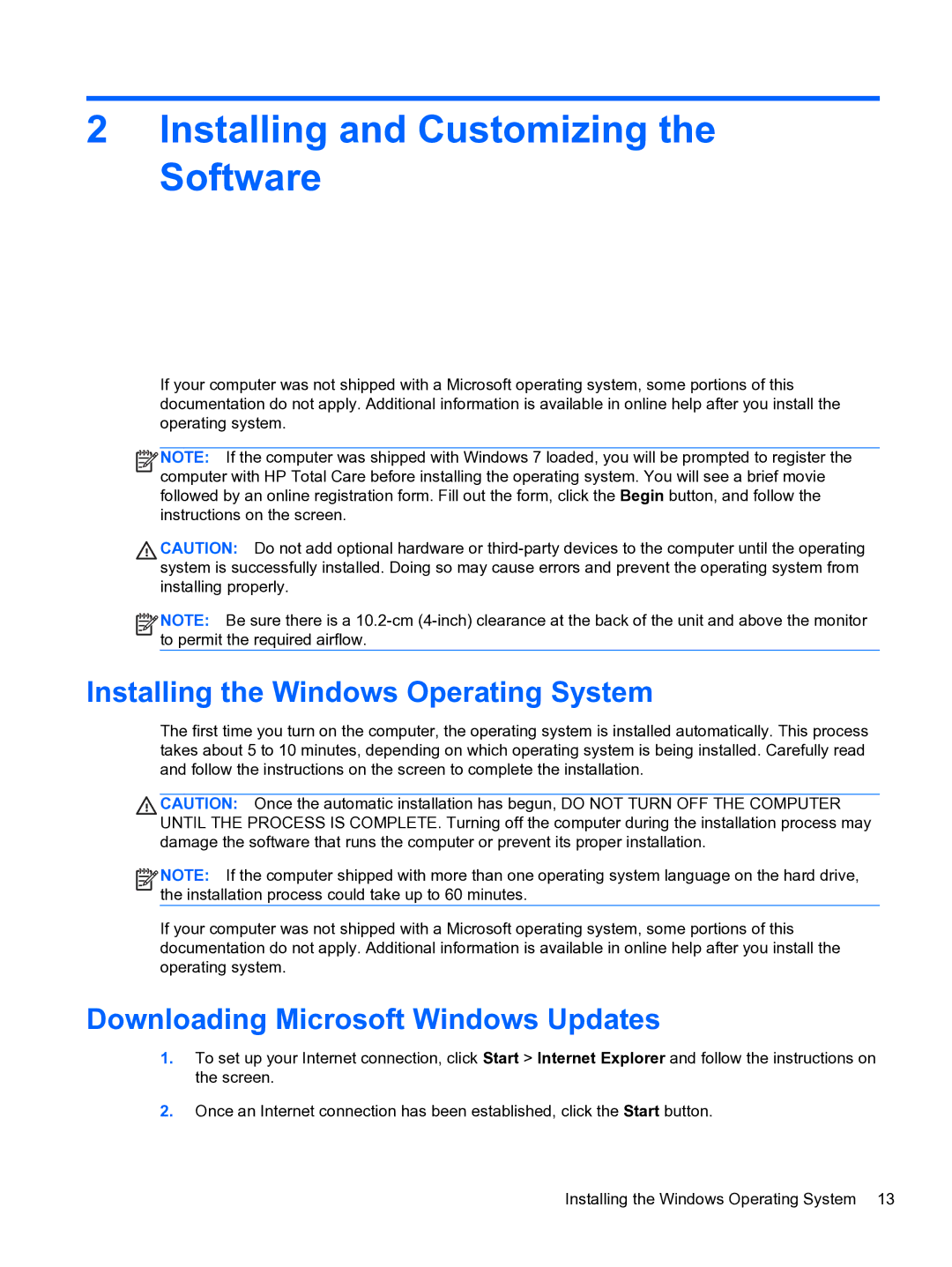 HP 8300e D8C26UTABA manual Installing the Windows Operating System, Downloading Microsoft Windows Updates 