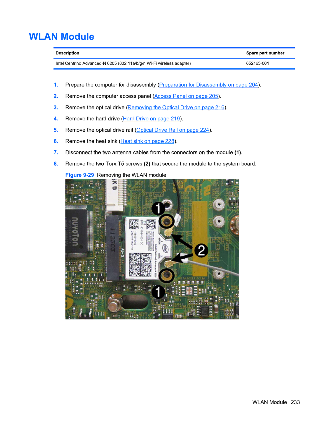 HP 8300e D8C26UTABA manual Wlan Module, Description Spare part number 