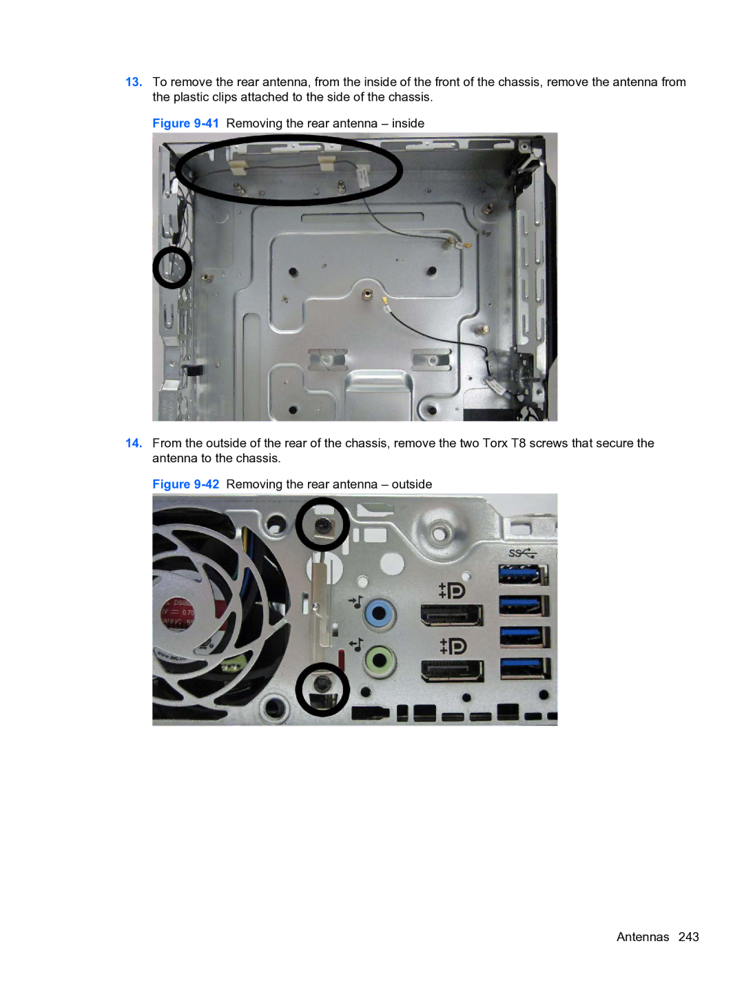 HP 8300e D8C26UTABA manual 42Removing the rear antenna outside Antennas 