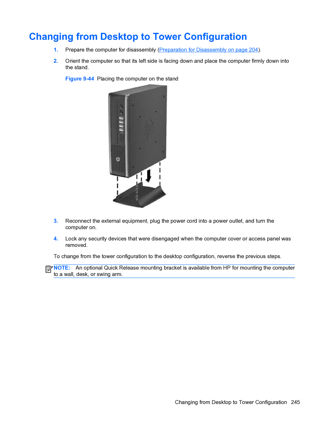 HP 8300e D8C26UTABA manual Changing from Desktop to Tower Configuration 