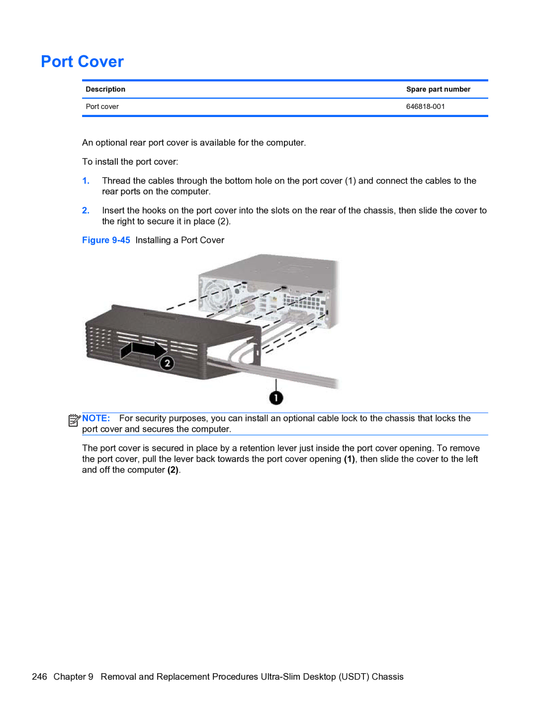 HP 8300e D8C26UTABA manual Port Cover, Description Spare part number Port cover 646818-001 