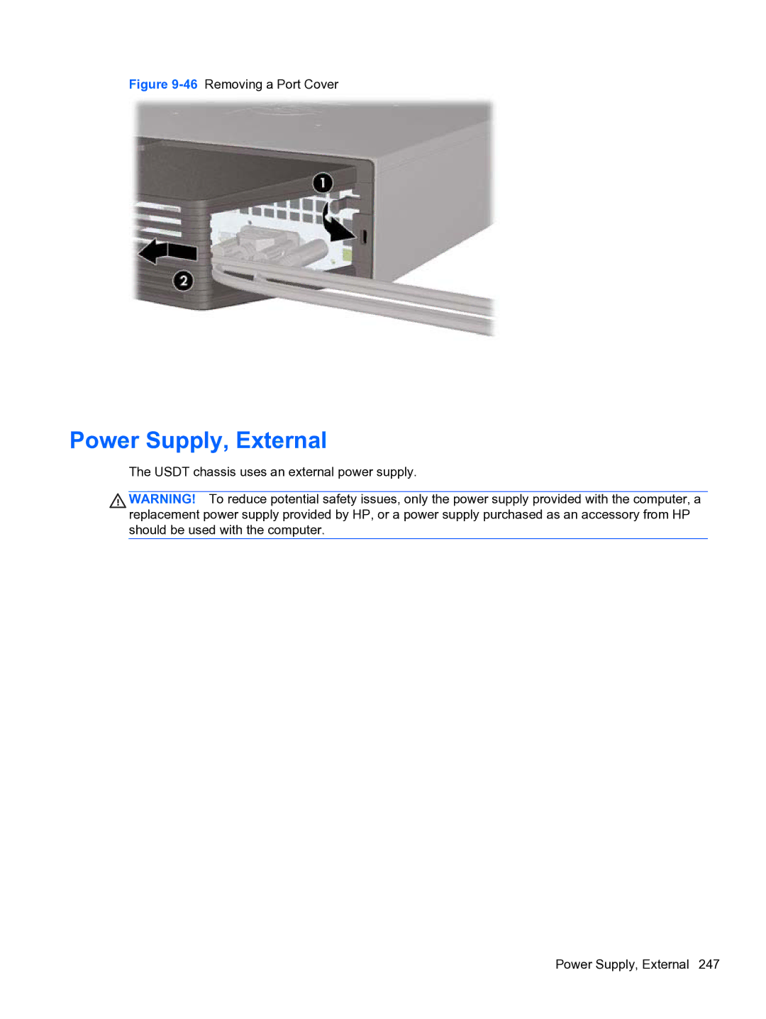 HP 8300e D8C26UTABA manual Power Supply, External, 46Removing a Port Cover 