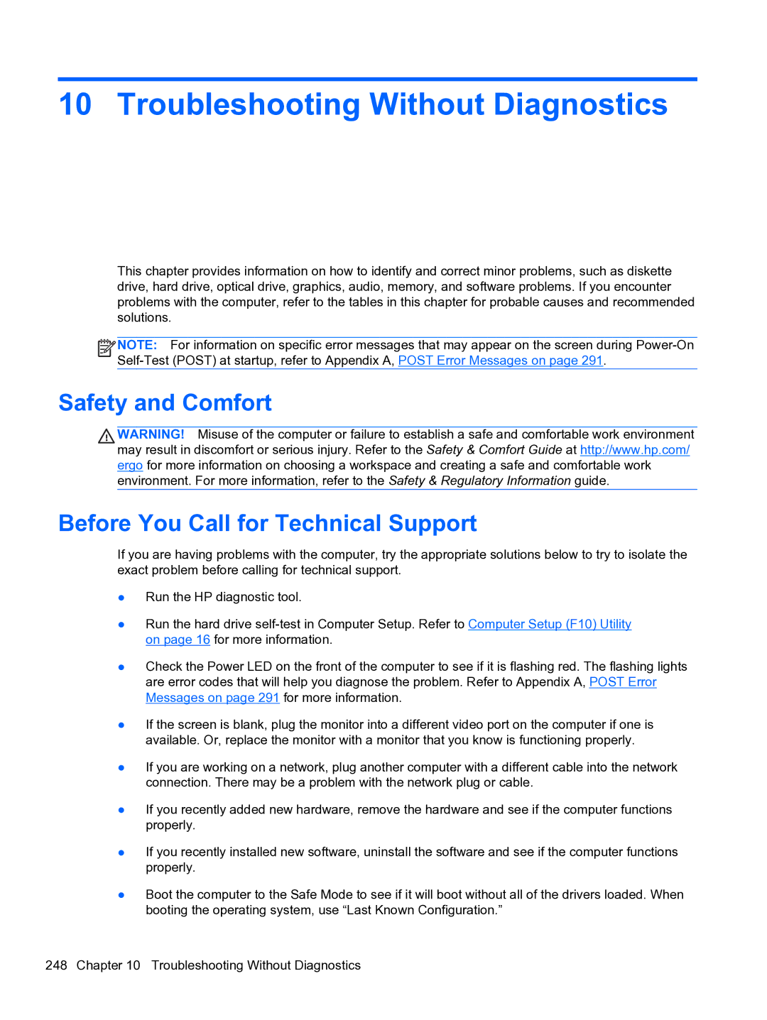 HP 8300e D8C26UTABA manual Troubleshooting Without Diagnostics, Safety and Comfort Before You Call for Technical Support 