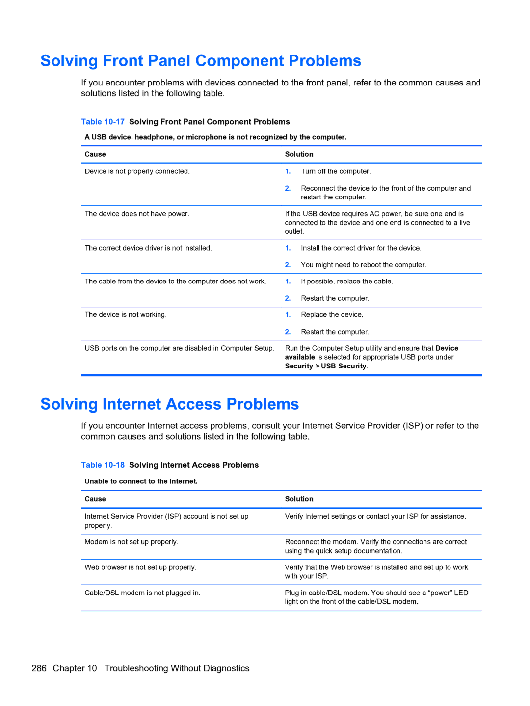 HP 8300e D8C26UTABA manual Solving Front Panel Component Problems, Solving Internet Access Problems 