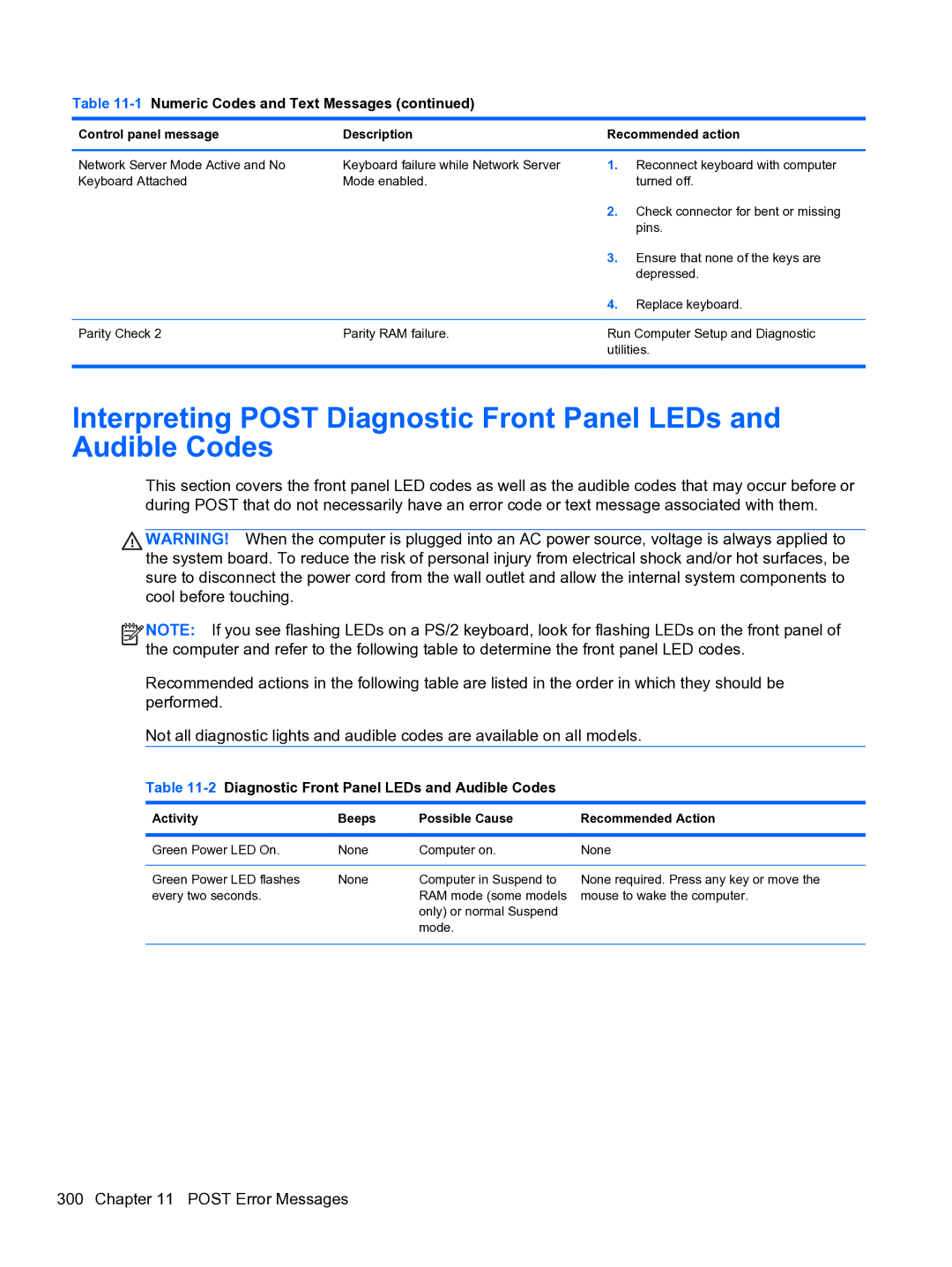 HP 8300e D8C26UTABA manual 2Diagnostic Front Panel LEDs and Audible Codes 