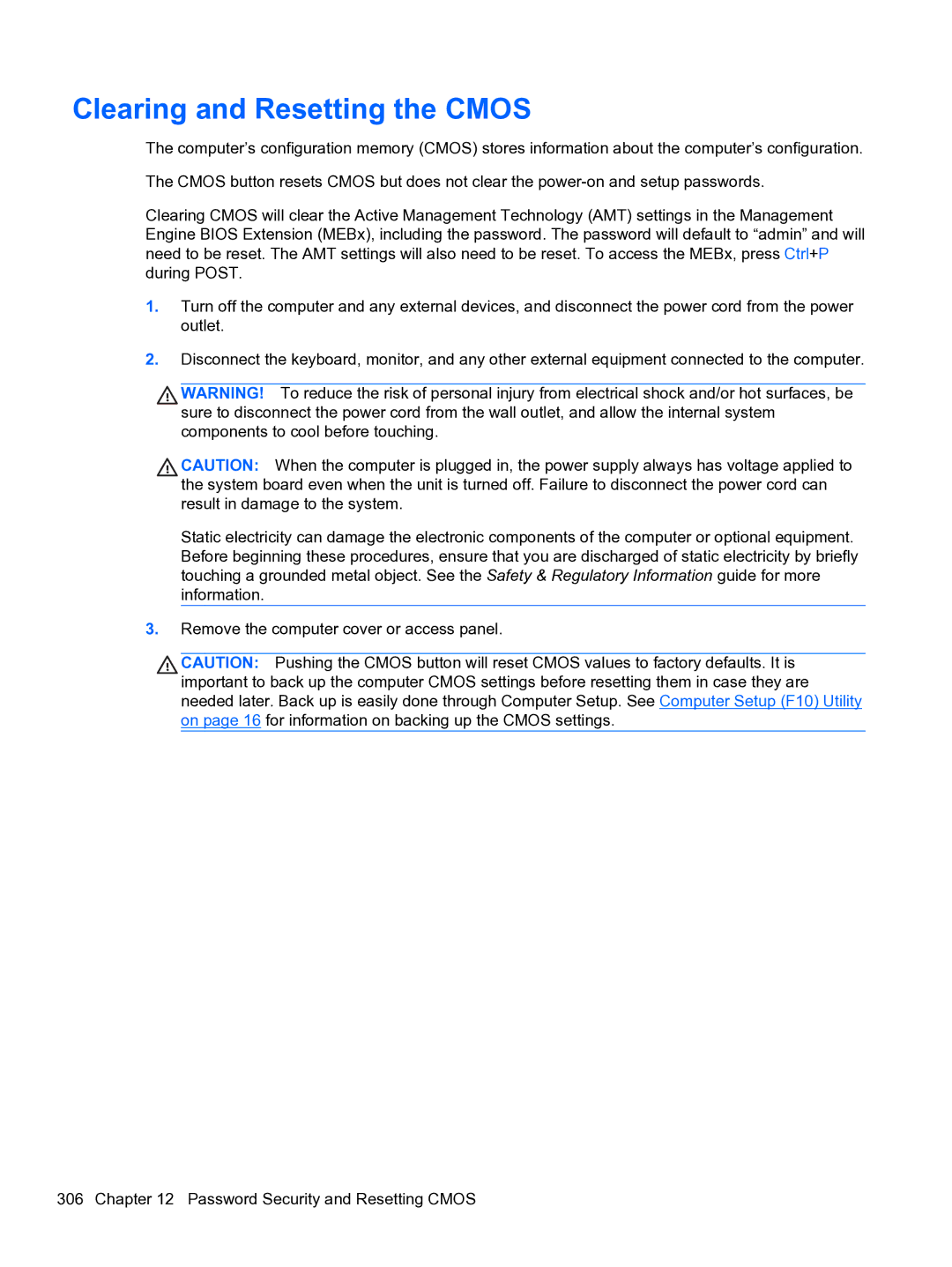 HP 8300e D8C26UTABA manual Clearing and Resetting the Cmos 