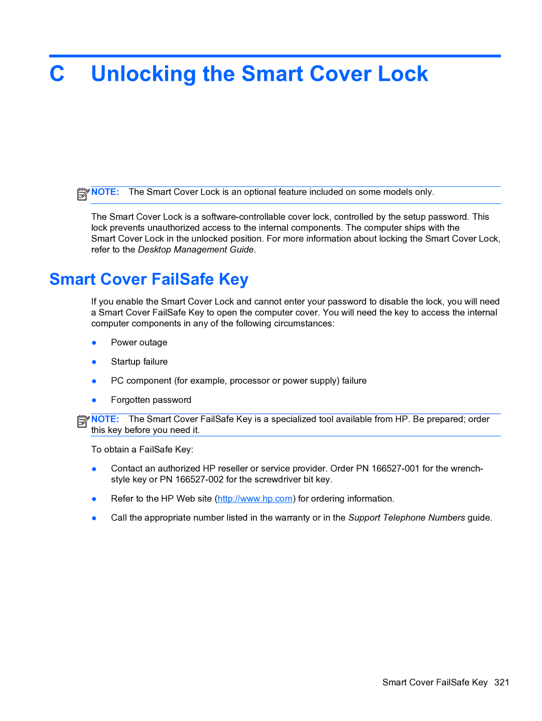 HP 8300e D8C26UTABA manual Unlocking the Smart Cover Lock, Smart Cover FailSafe Key 