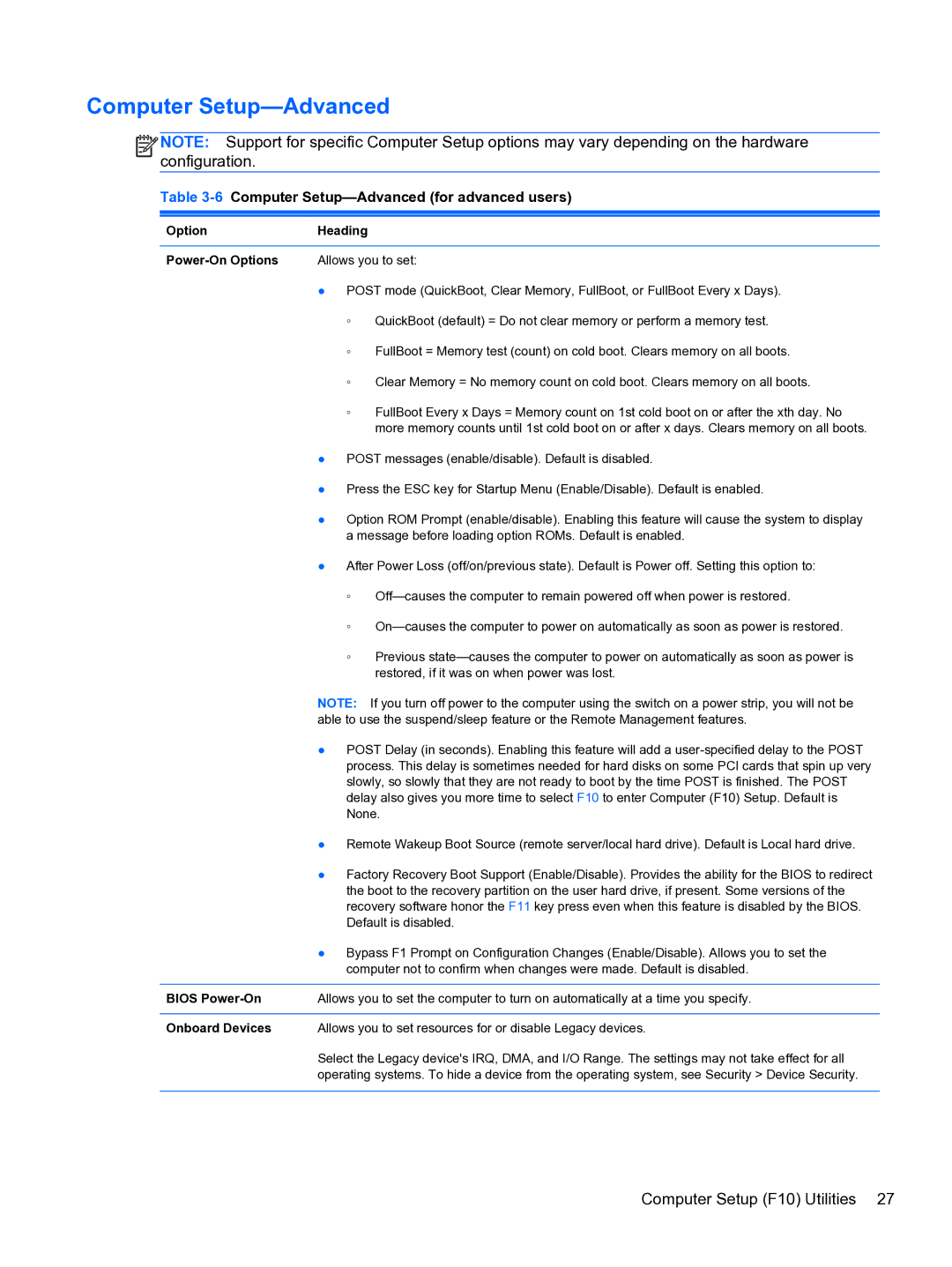 HP 8300e D8C26UTABA manual 6Computer Setup-Advanced for advanced users, Option Heading Power-On Options, Bios Power-On 