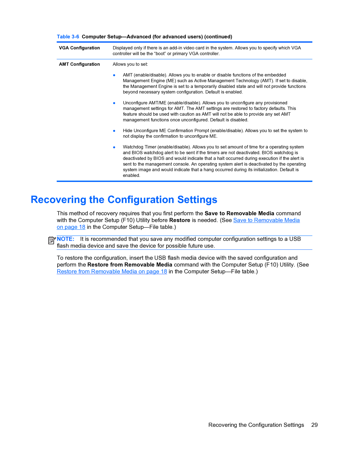 HP 8300e D8C26UTABA manual Recovering the Configuration Settings, VGA Configuration, AMT Configuration 