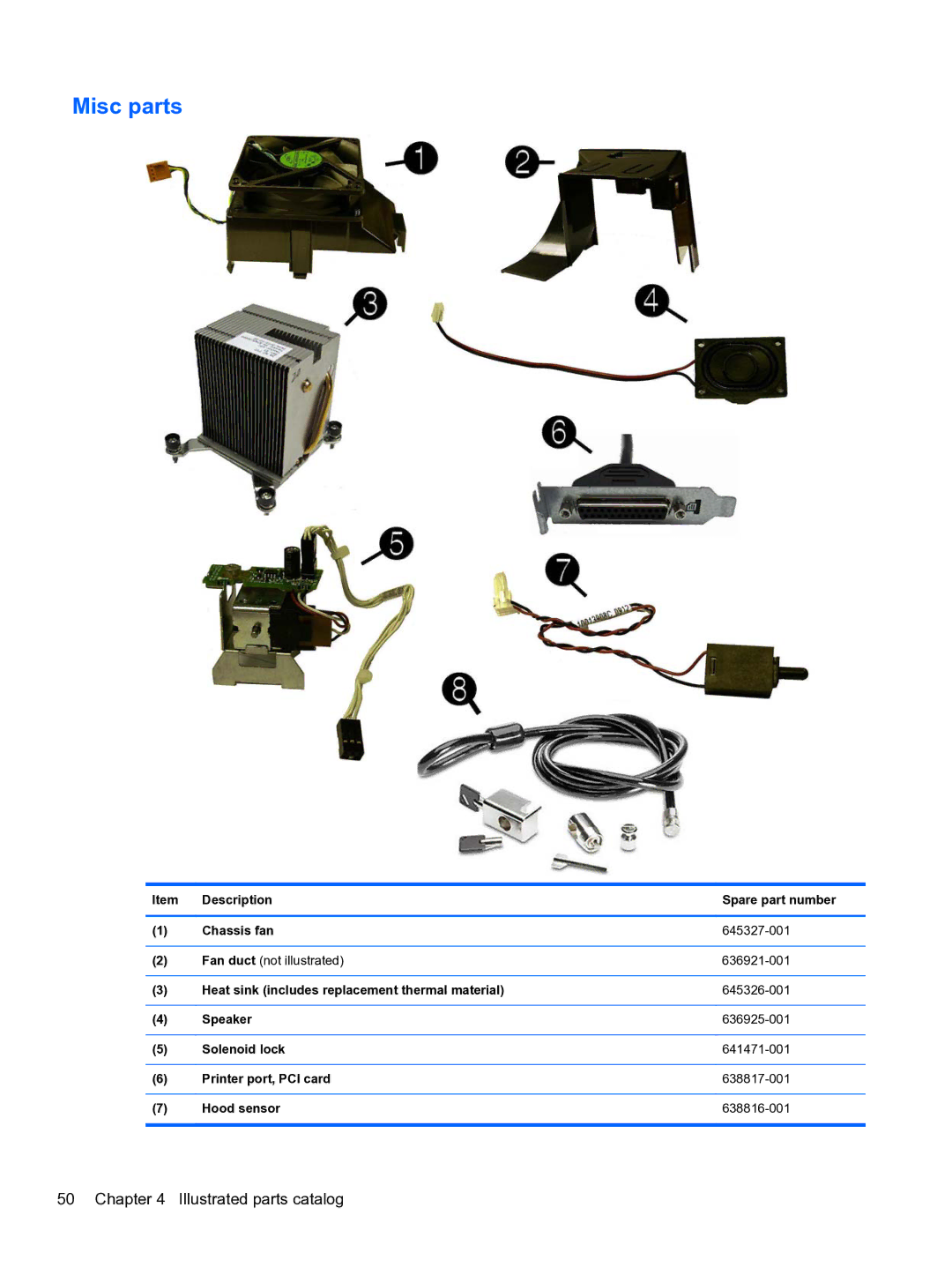 HP 8300e D8C26UTABA manual Misc parts 